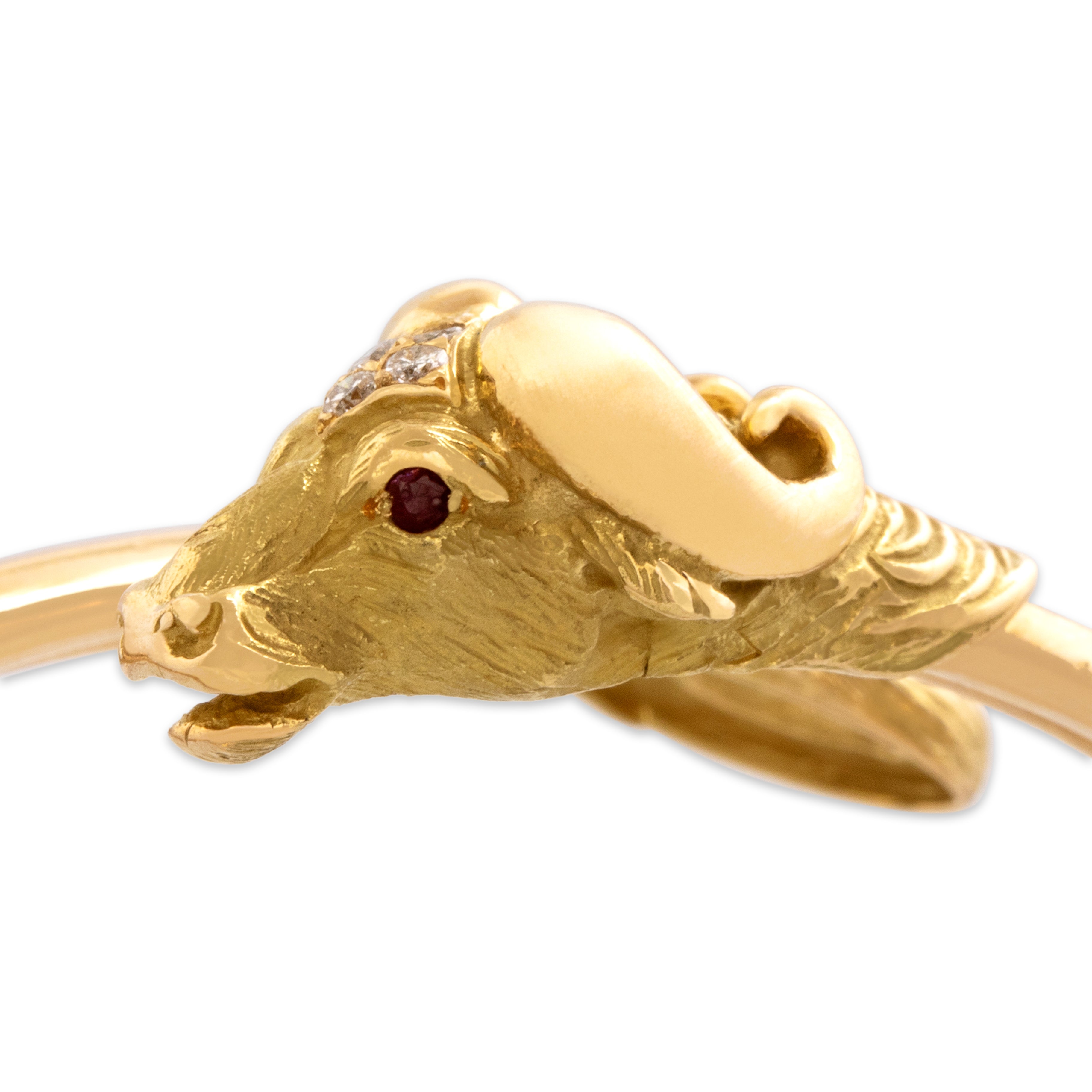 Vintage 18k Yellow Gold Diamond Ruby Superb Fierce Buffalo Cuff Bracelet - detail view #2