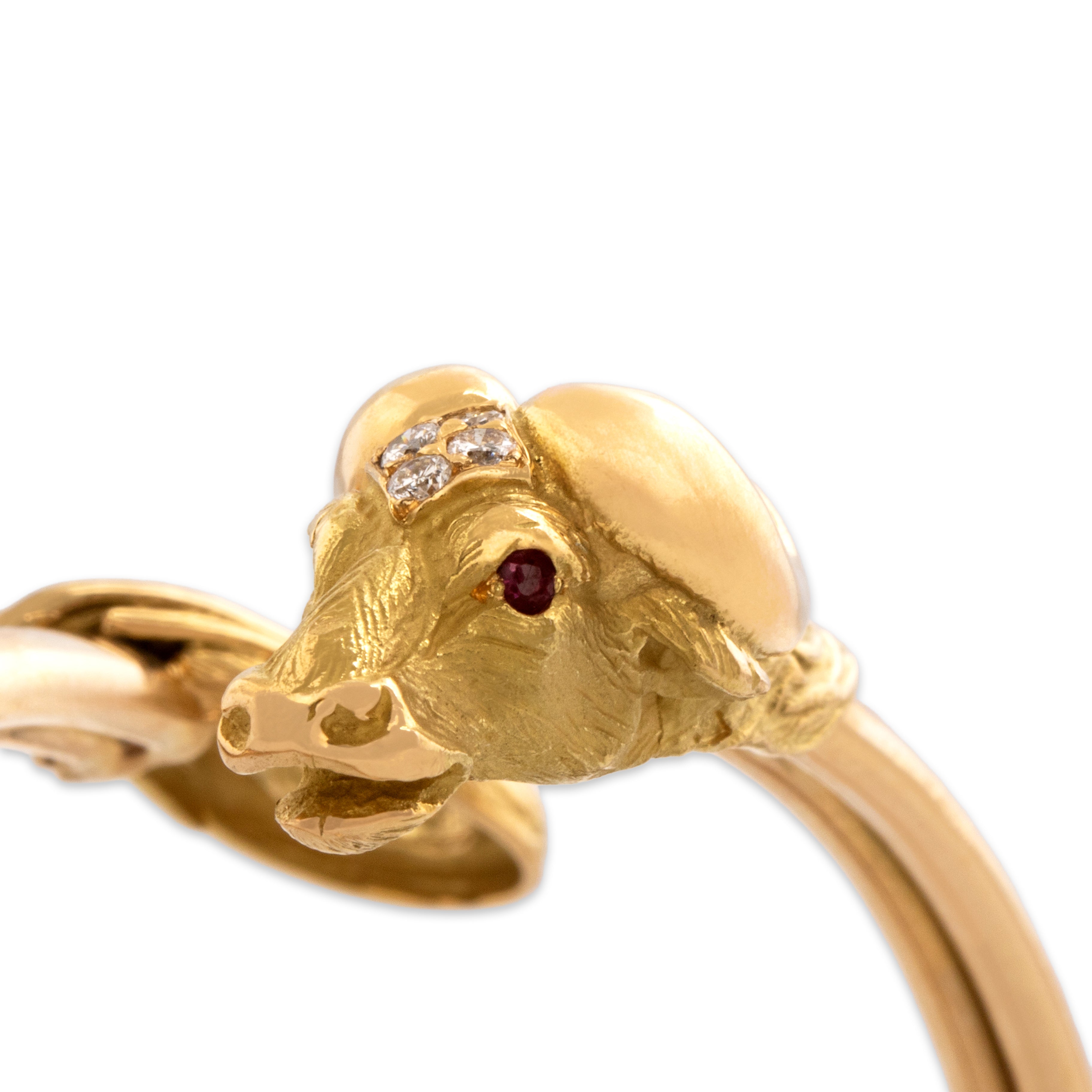 Vintage 18k Yellow Gold Diamond Ruby Superb Fierce Buffalo Cuff Bracelet - detail view #1