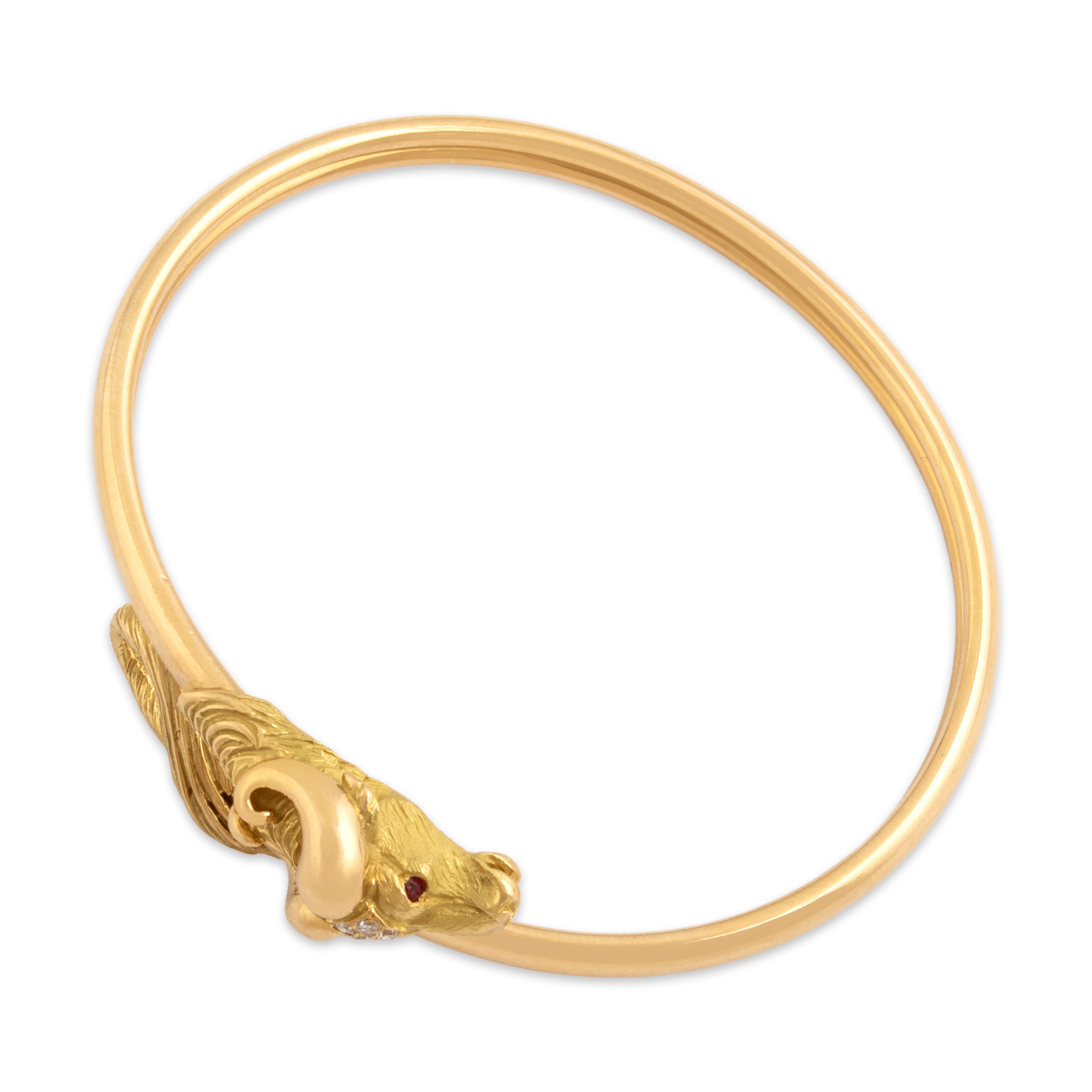 Vintage 18k Yellow Gold Diamond Ruby Superb Fierce Buffalo Cuff Bracelet - Overall view