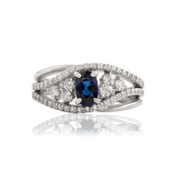 Vintage Platinum Blue Sapphire Diamond Swirling Dazzling Accented Ring 4.75