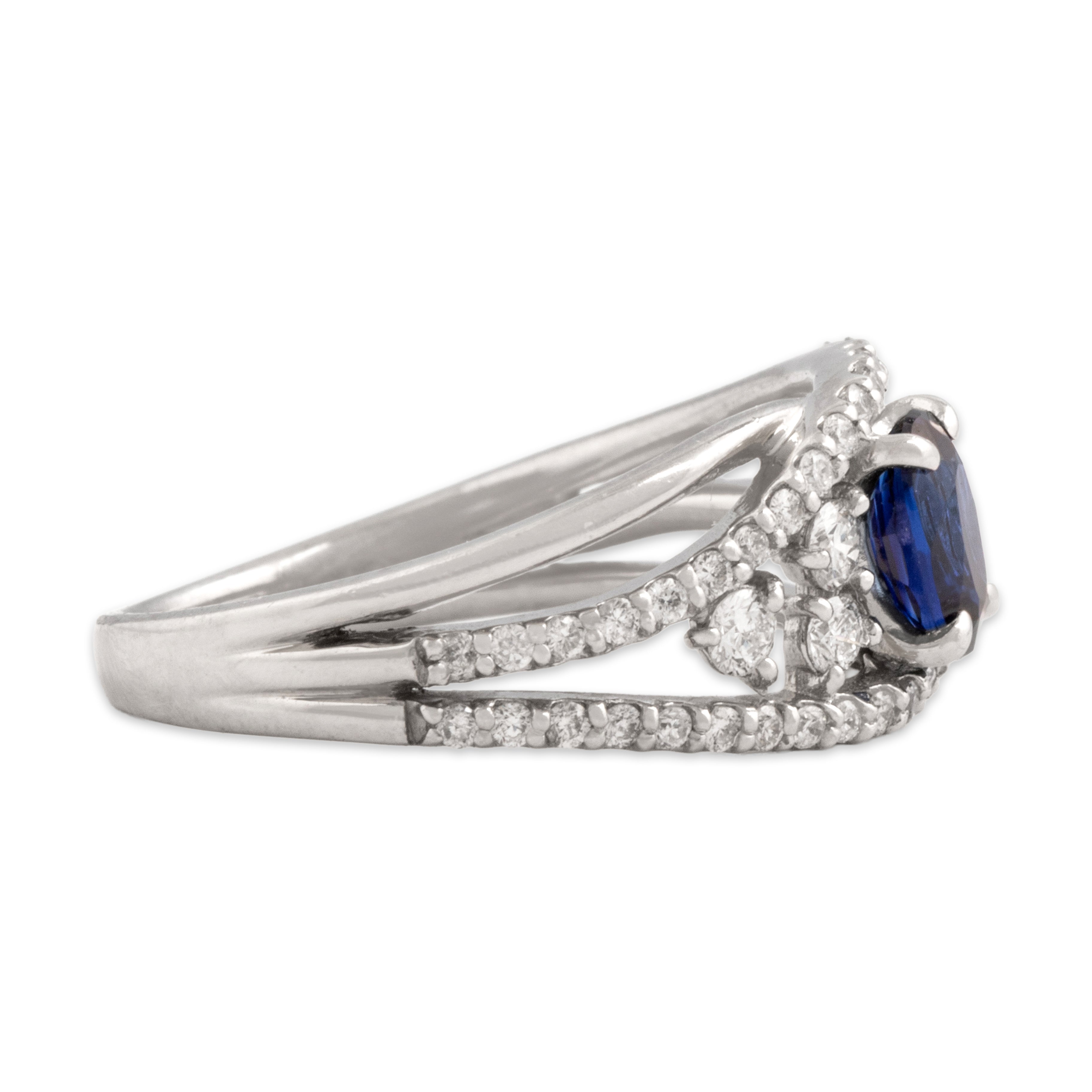 Vintage Platinum Blue Sapphire Diamond Swirling Dazzling Accented Ring - Side view
