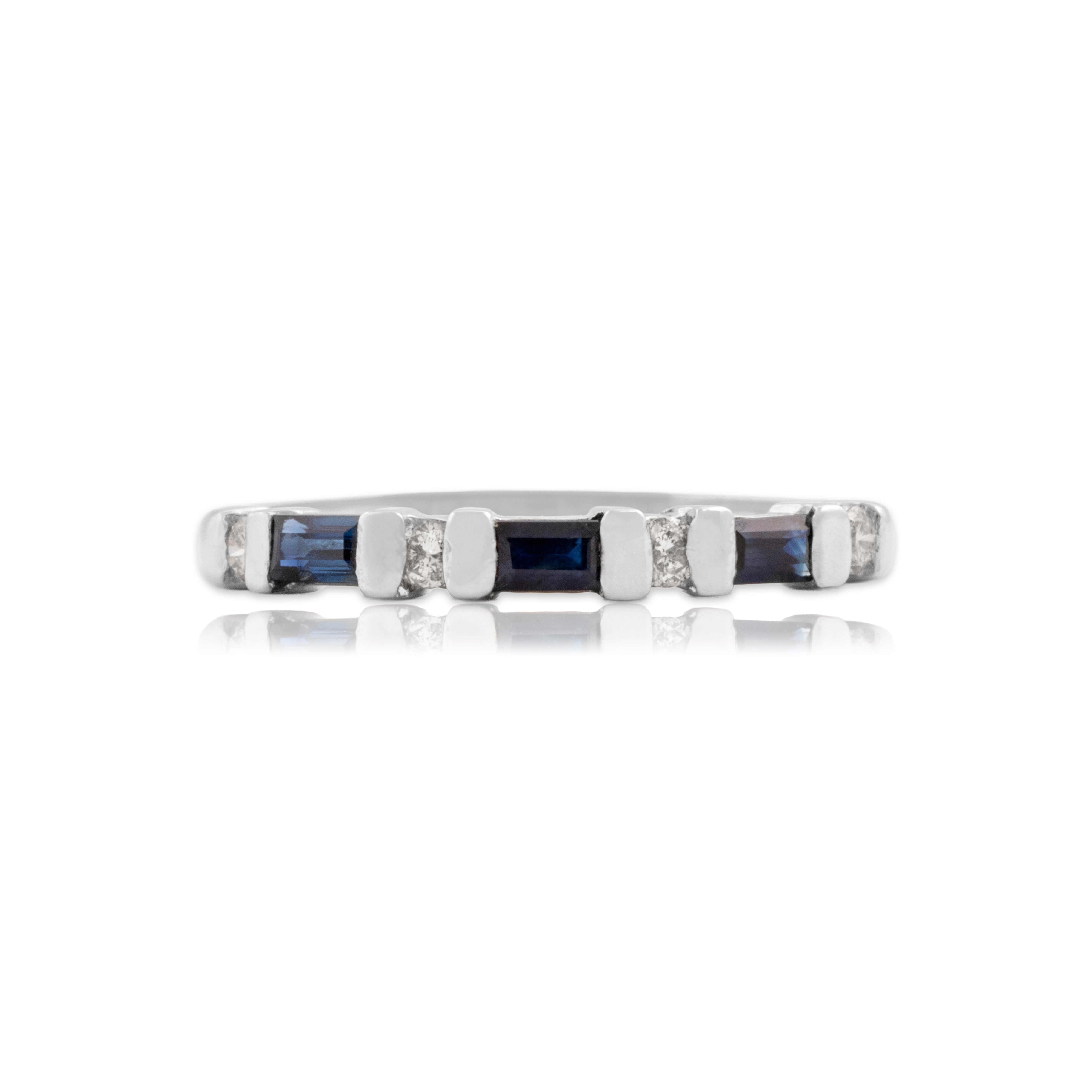 Vintage Platinum Blue Sapphire Diamond Dainty Alternating Mixed-Cut Ring 7.00