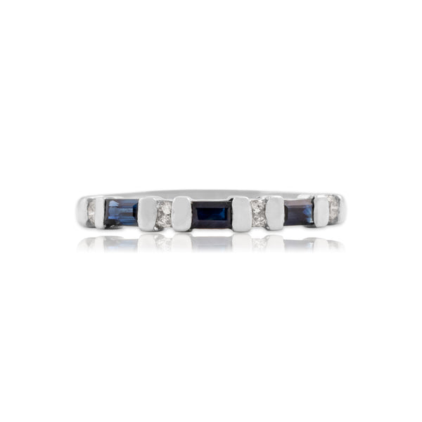 Vintage Platinum Blue Sapphire Diamond Dainty Alternating Mixed-Cut Ring 7.00