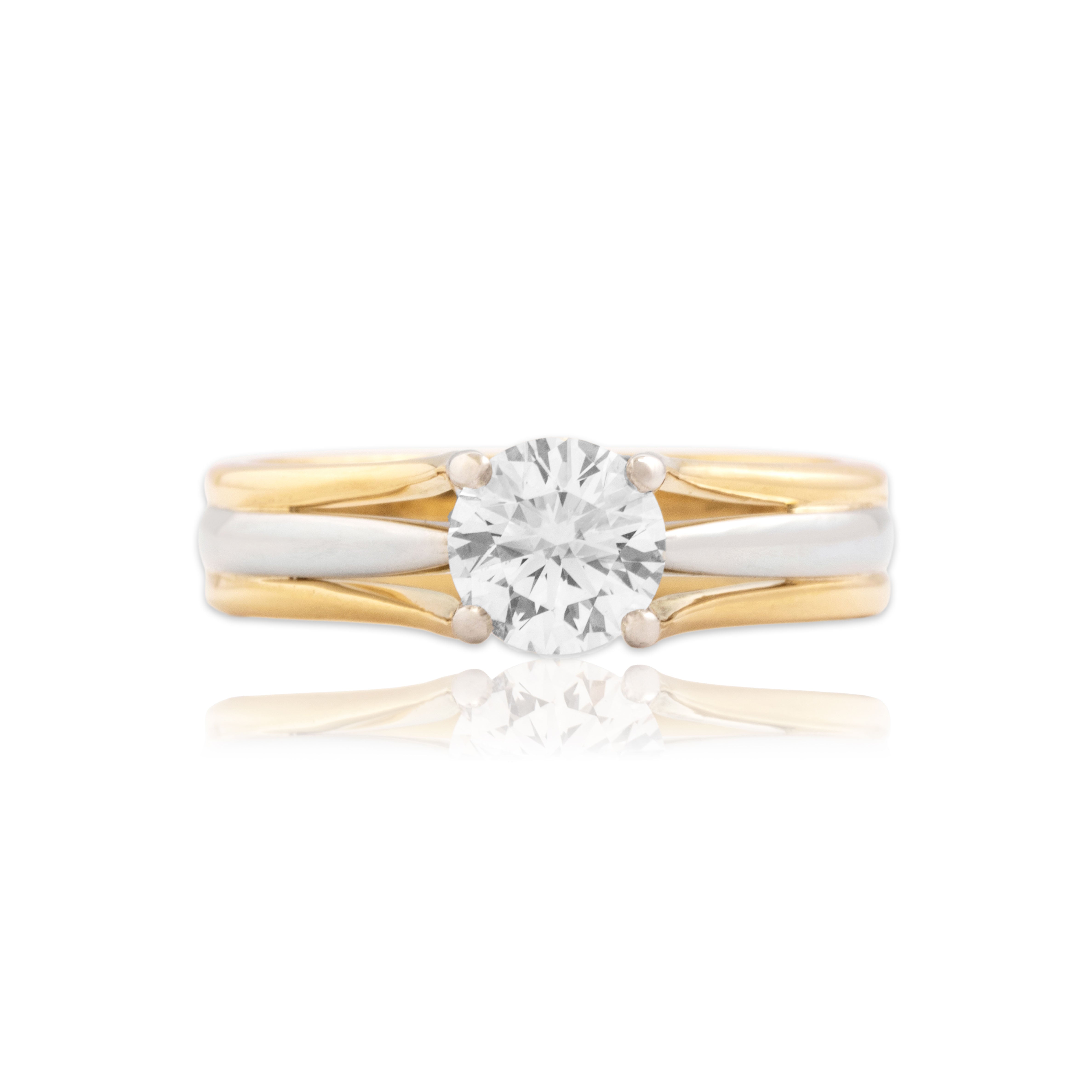 Vintage 18k Yellow Gold & Platinum 1.0ct Diamond Trio Ribbed Solitaire Ring 7.25