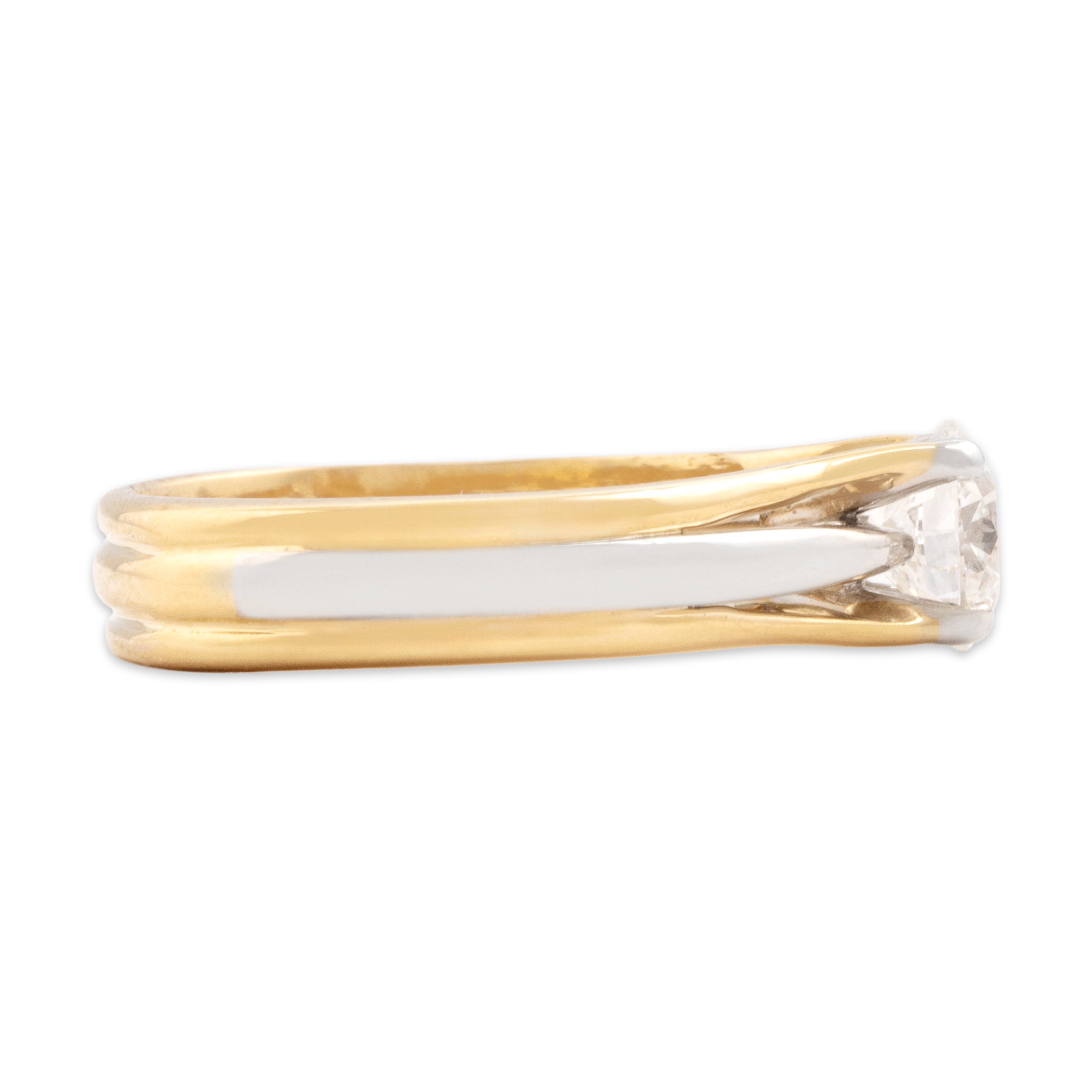 Vintage 18k Yellow Gold & Platinum 1.0ct Diamond Superb Trio Ribbed Solitaire Ring - Side view