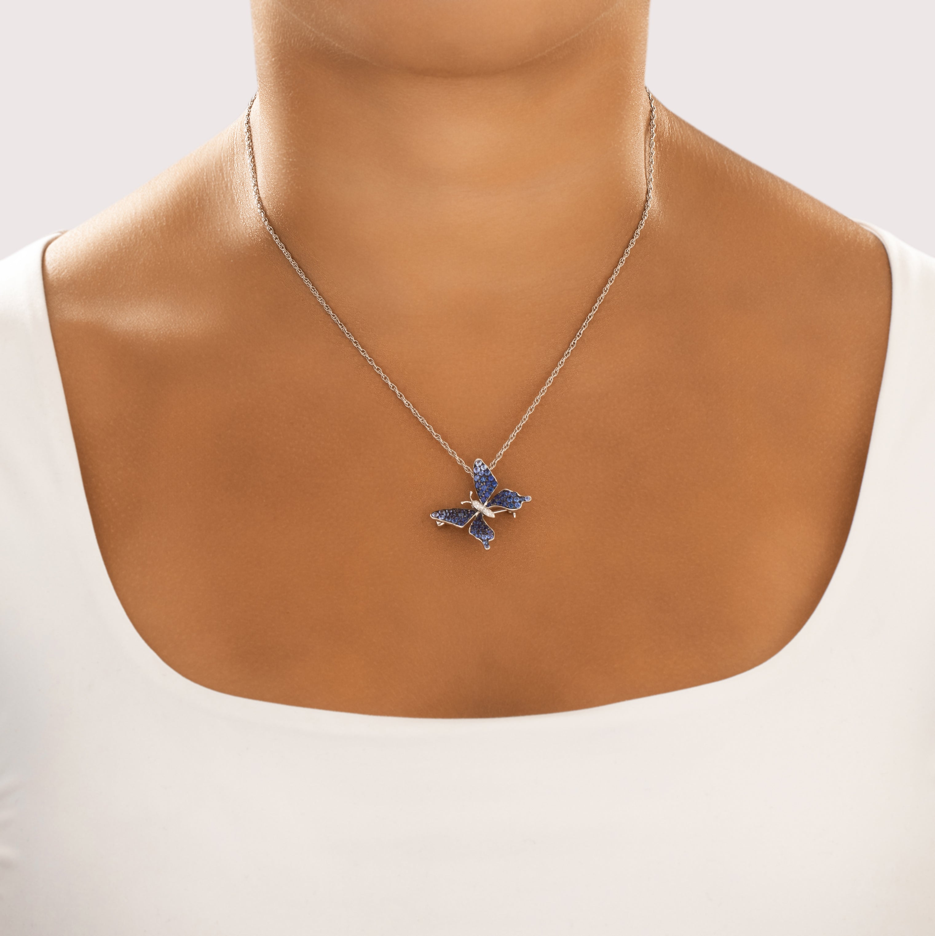 Vintage 18k White Gold 1.07cttw Blue Sapphire Diamond Glittering Vibrant Butterfly Pin / Pendant - On model view