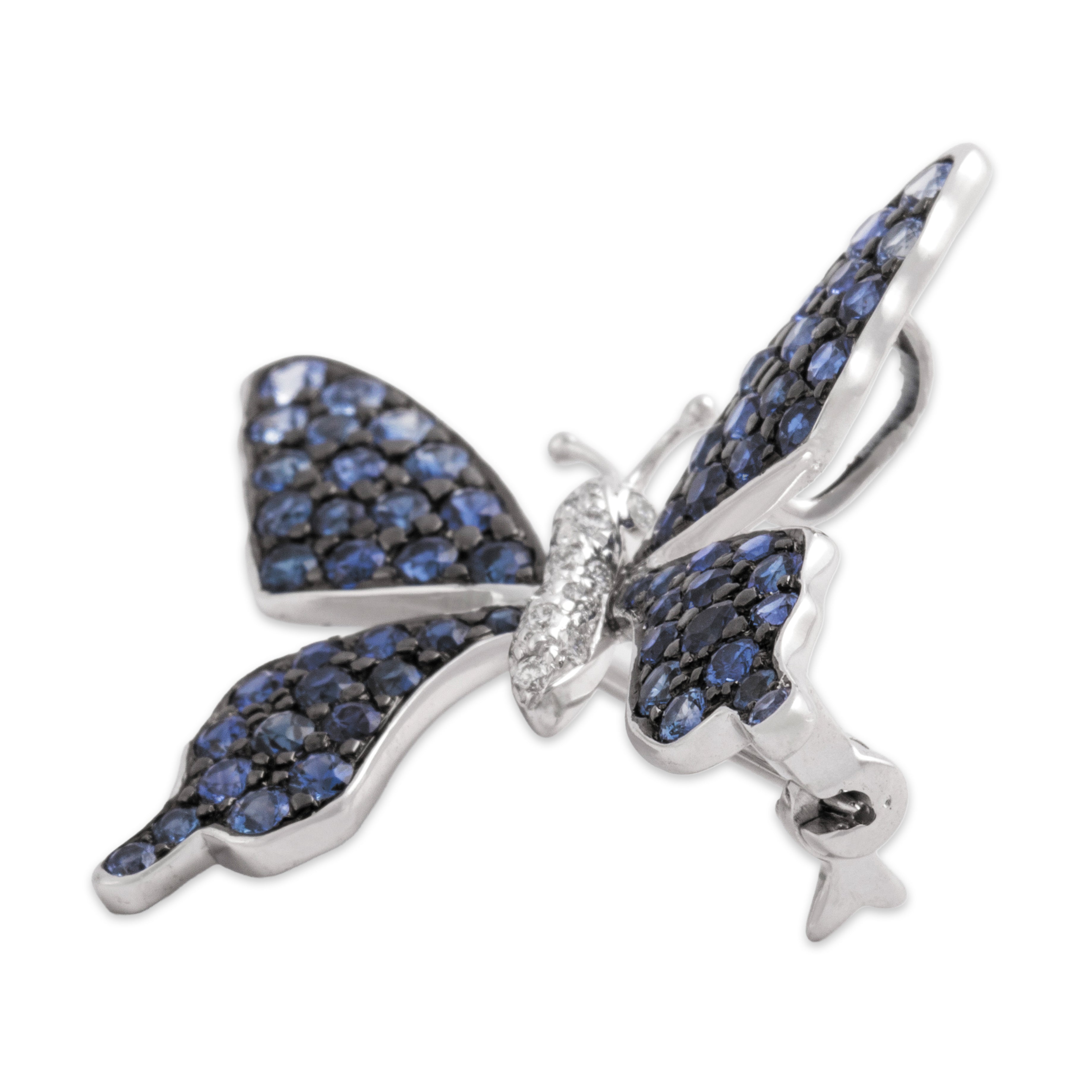 Vintage 18k White Gold 1.07cttw Blue Sapphire Diamond Glittering Vibrant Butterfly Pin / Pendant - detail view #1