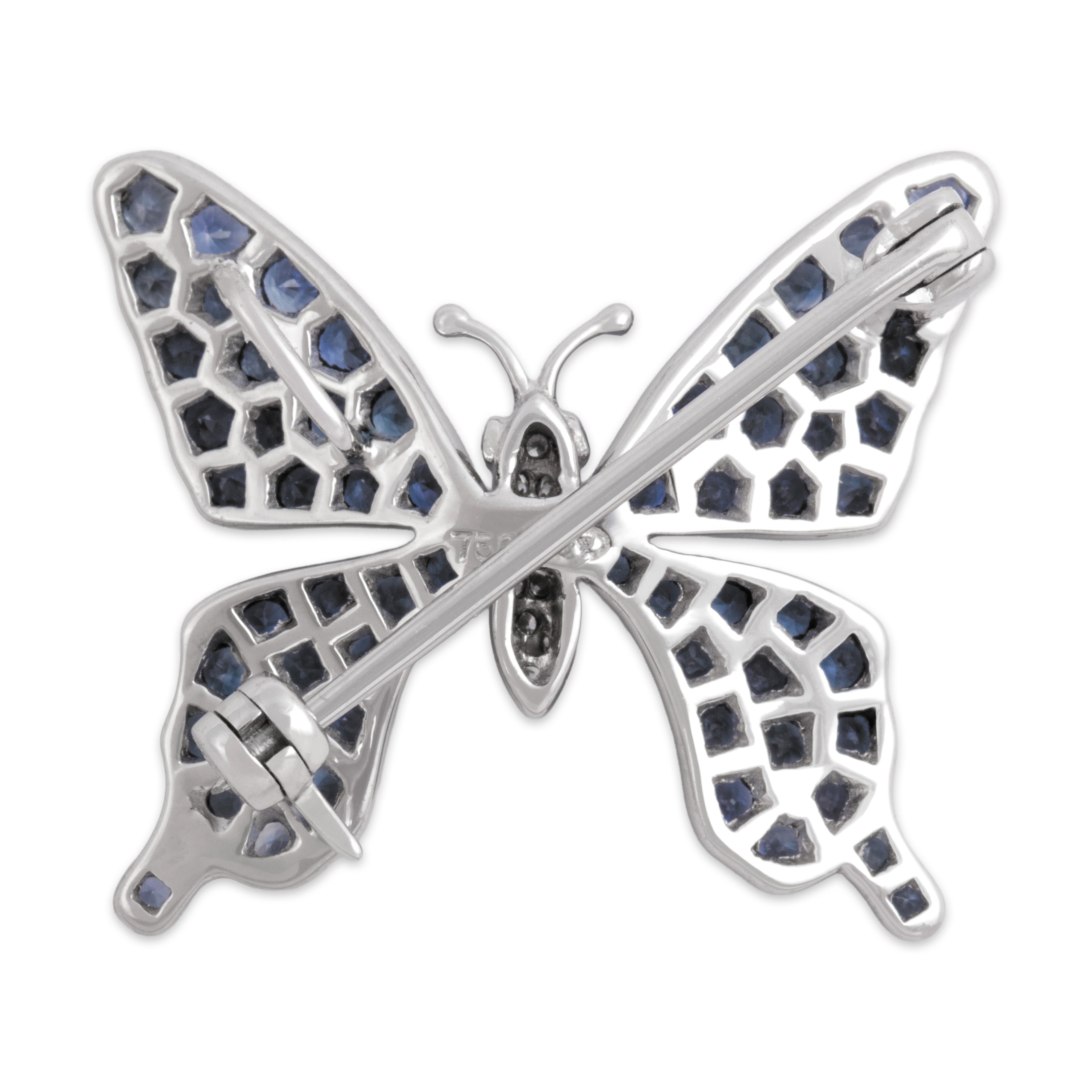 Vintage 18k White Gold 1.07cttw Blue Sapphire Diamond Glittering Vibrant Butterfly Pin / Pendant - Back view
