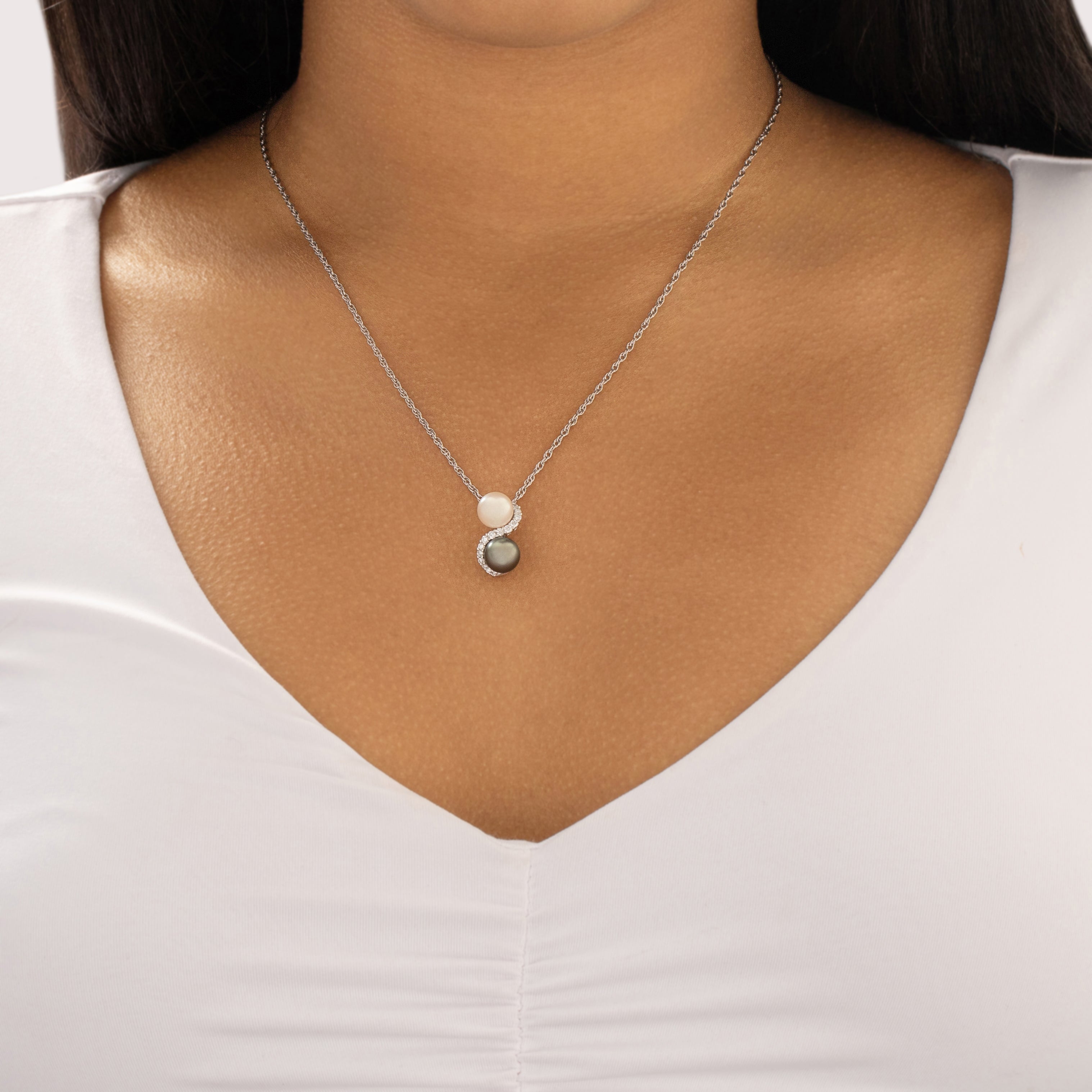 Vintage 18k White Gold Diamond Black Tahitian White Pearl Glittering Luminous Twist Duo Slide Pendant - On model view