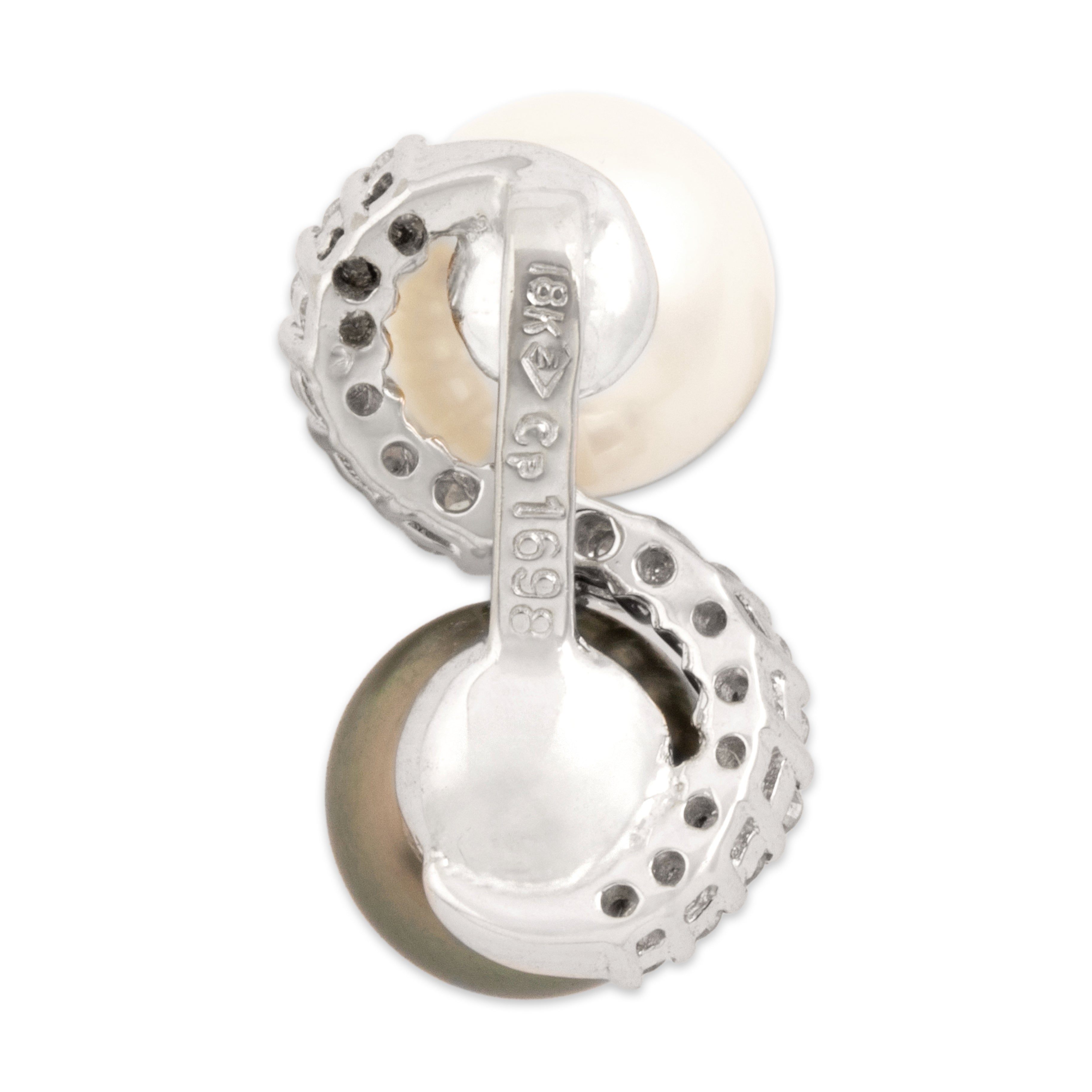 Vintage 18k White Gold Diamond Black Tahitian White Pearl Glittering Duo Pendant