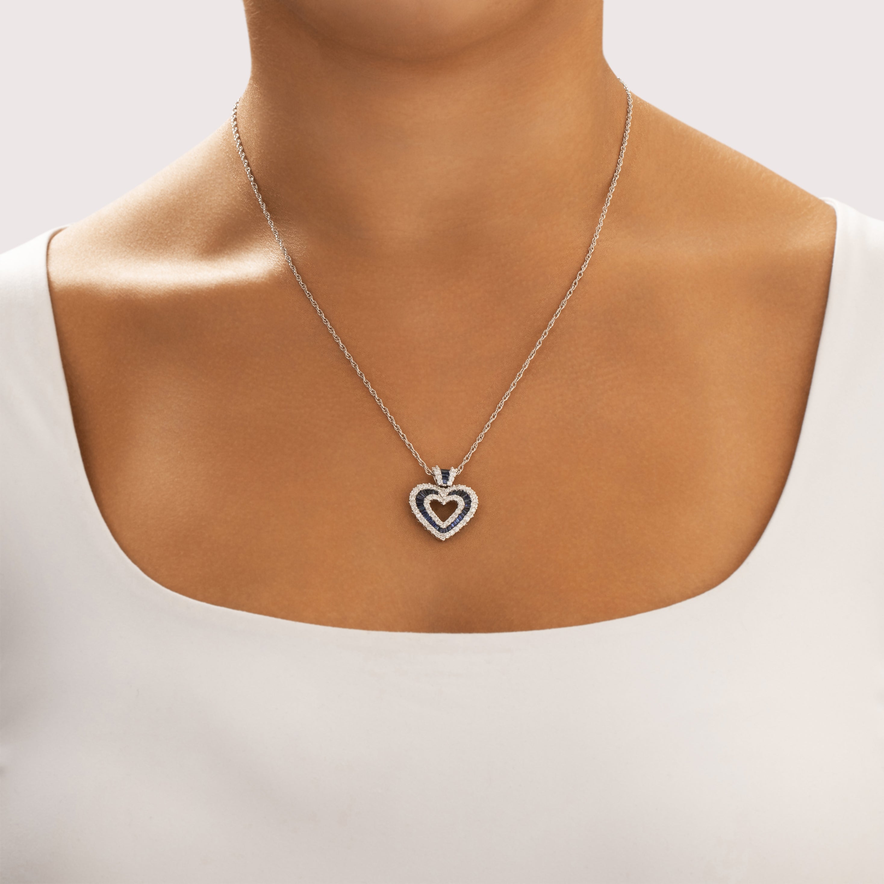 Vintage 14k White Gold .81cttw Blue Sapphire .72cttw Diamond Sparkling Sweet Heart Pendant - On model view