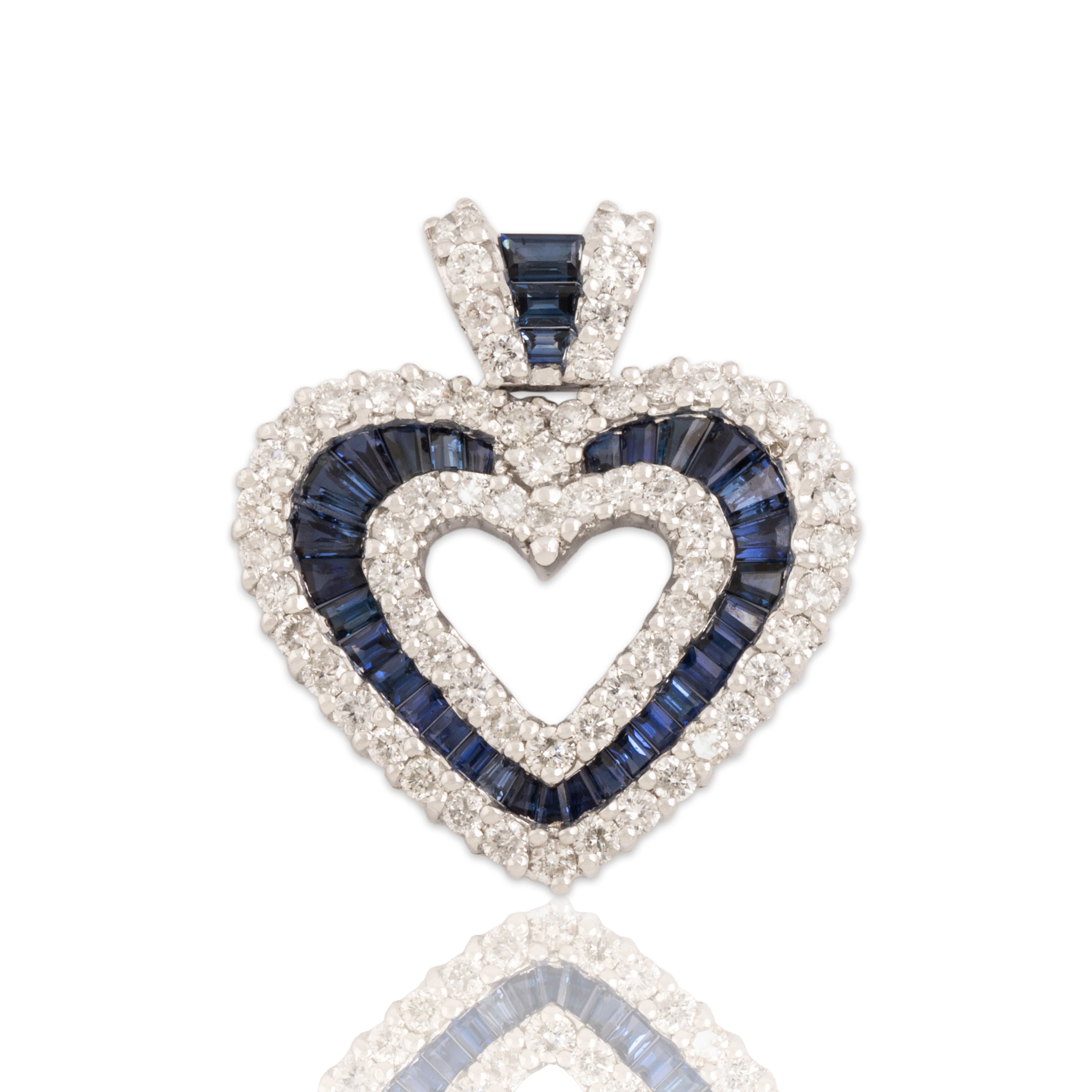 Vintage 14k White Gold .81cttw Blue Sapphire .72cttw Diamond Sparkling Sweet Heart Pendant - Close-up view