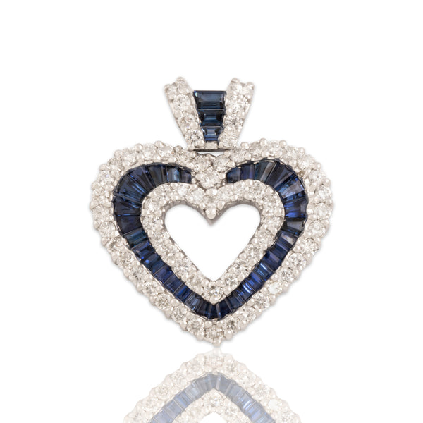 Vintage 14k White Gold .81cttw Blue Sapphire .72cttw Diamond Sweet Heart Pendant