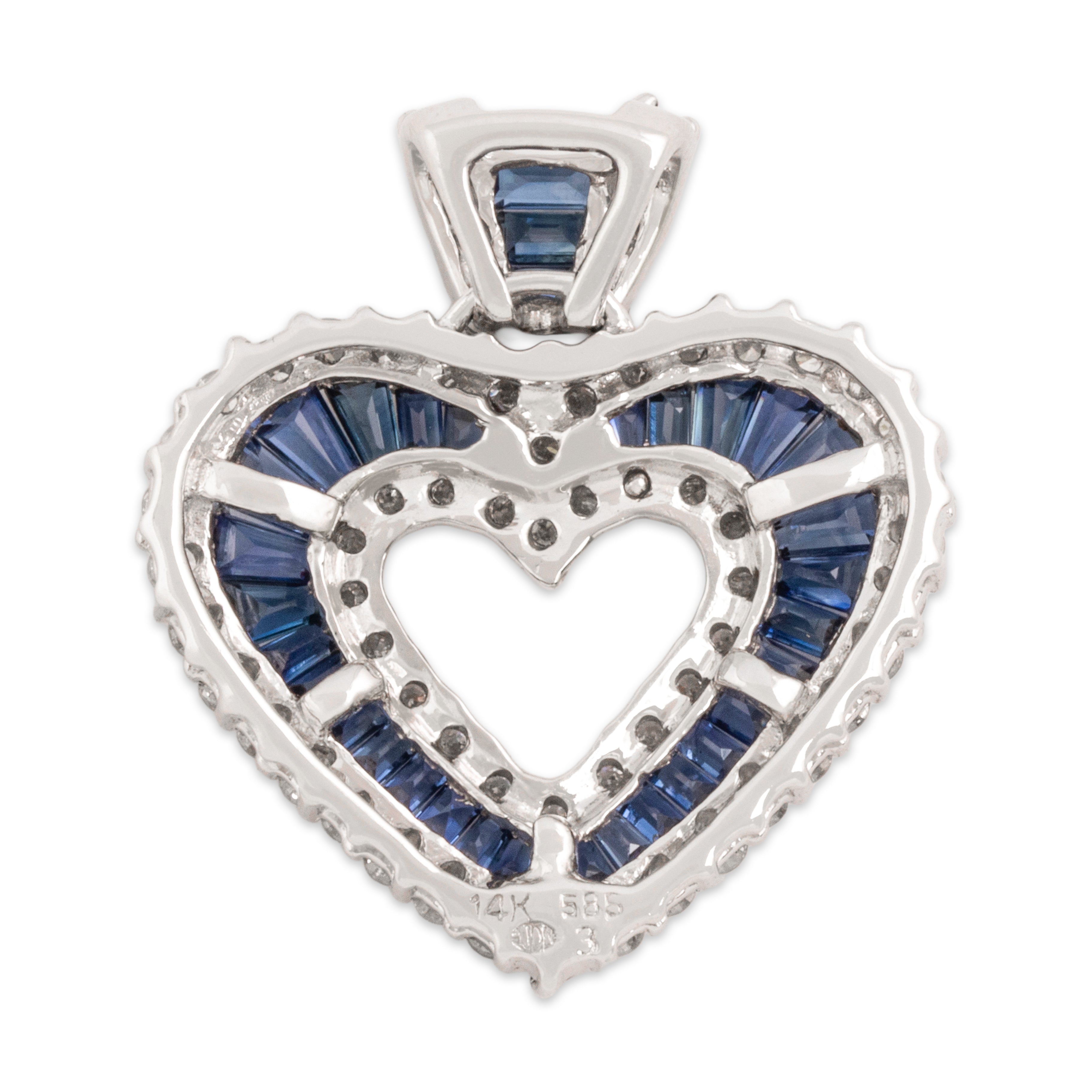 Vintage 14k White Gold .81cttw Blue Sapphire .72cttw Diamond Sweet Heart Pendant