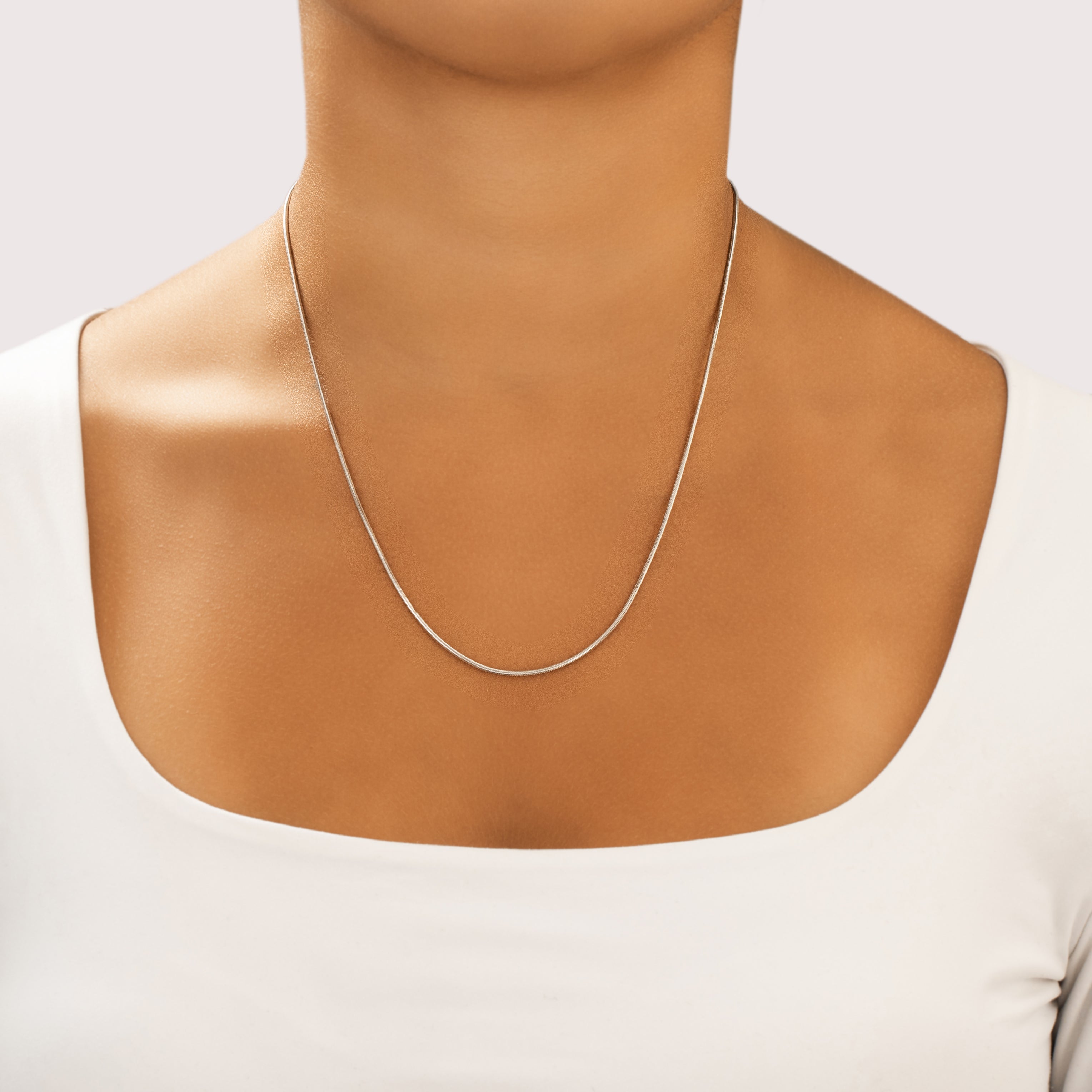 Vintage Italian 14k White Gold 1.35mm Rounded Snake Chain - On model view