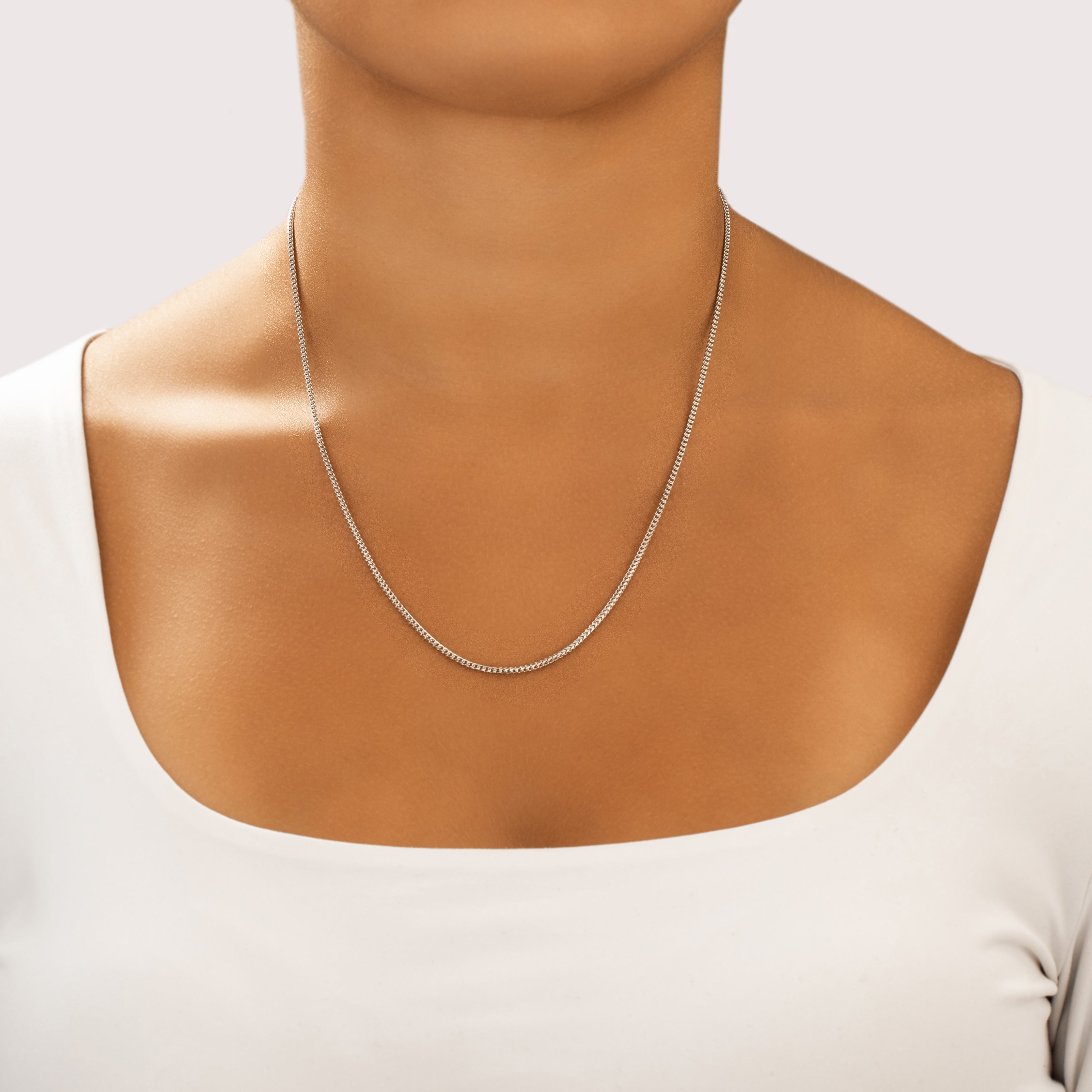 Vintage Italian 14k White Gold 1.55mm Dimensional Squared Foxtail Adjustable Chain - On model view