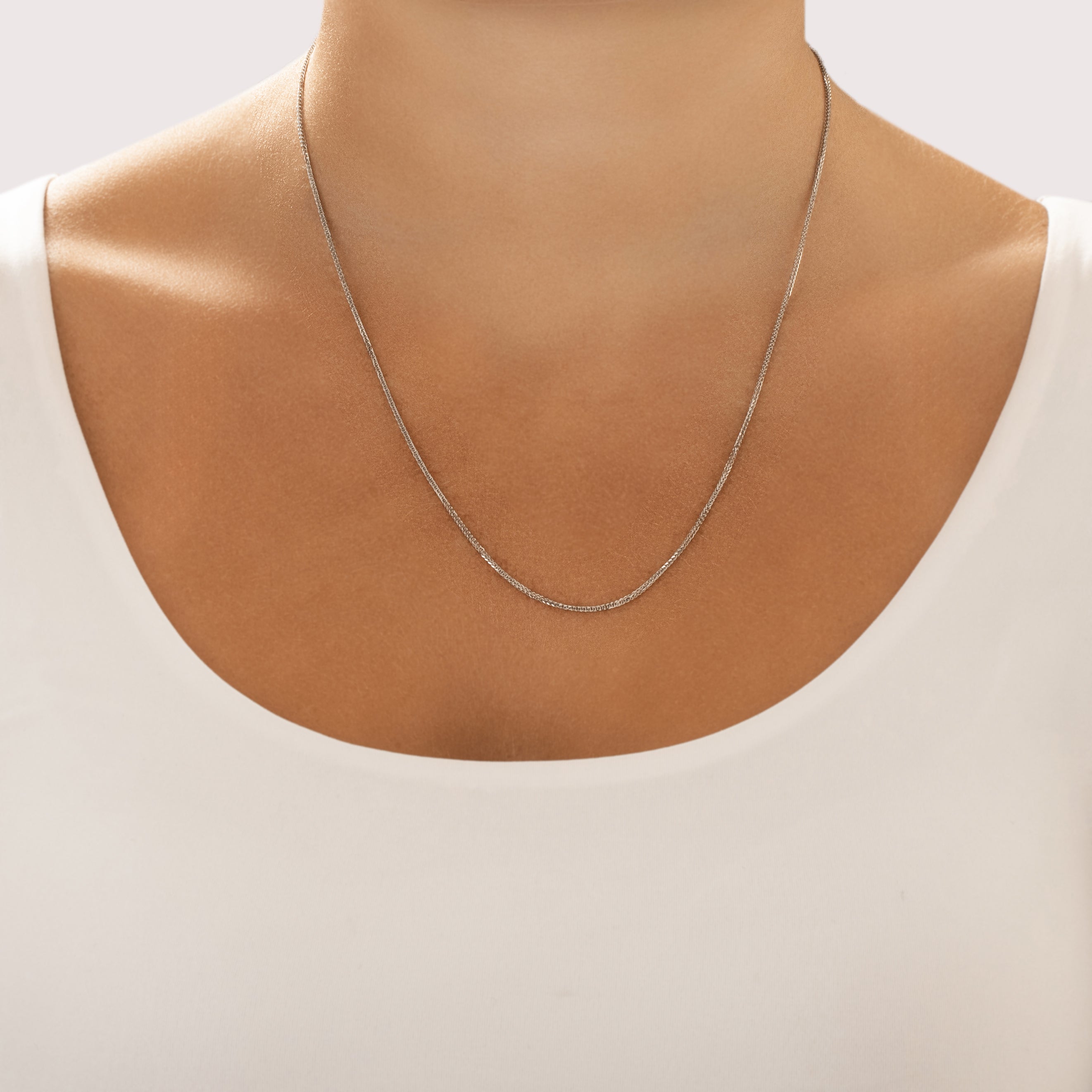 Estate Italian 14k White Gold 1.1mm Flashing Foxtail Chain - On model view