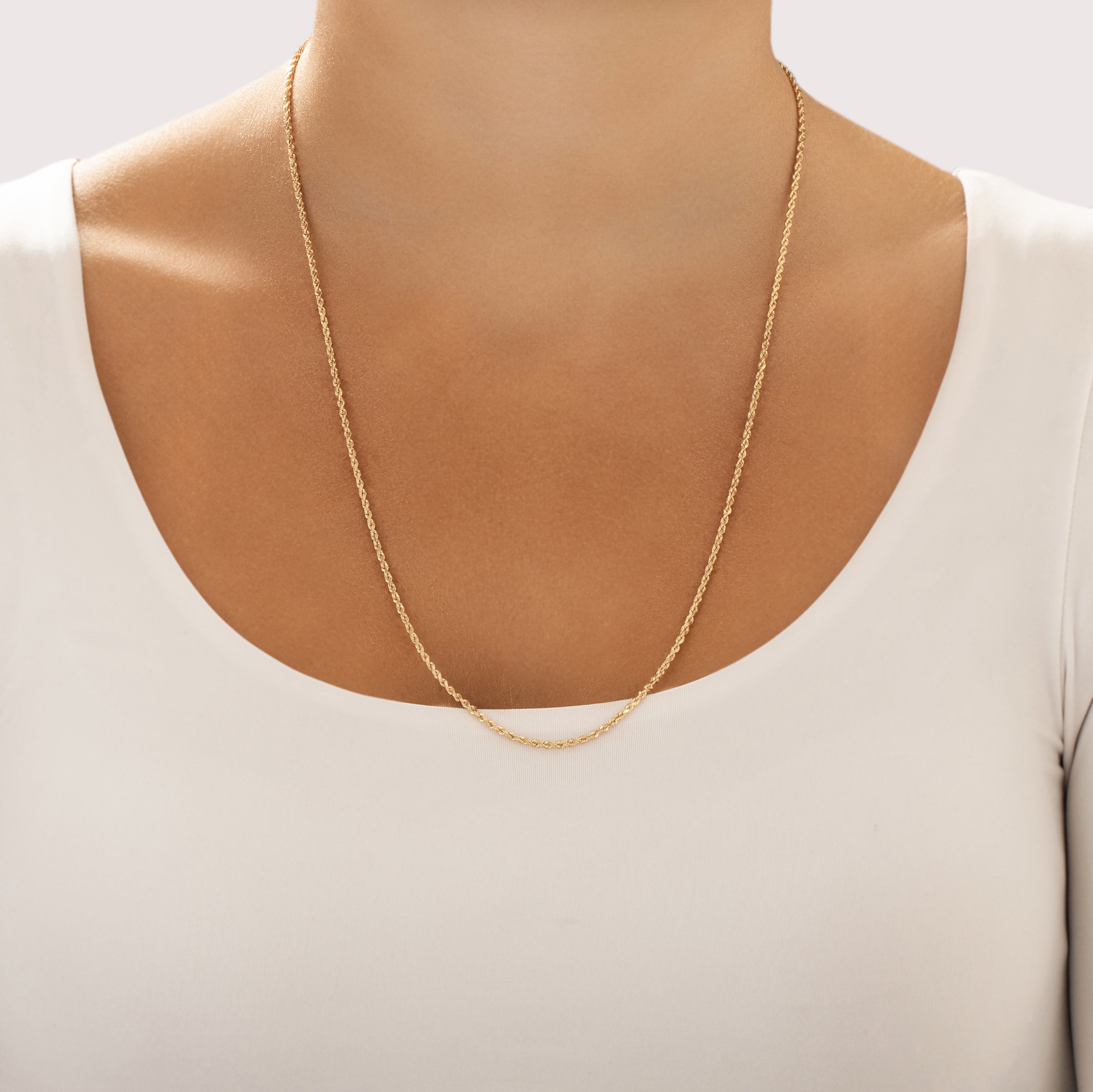 Vintage 14k Yellow Gold 1.7mm Long Spiraling Rope Chain - On model view