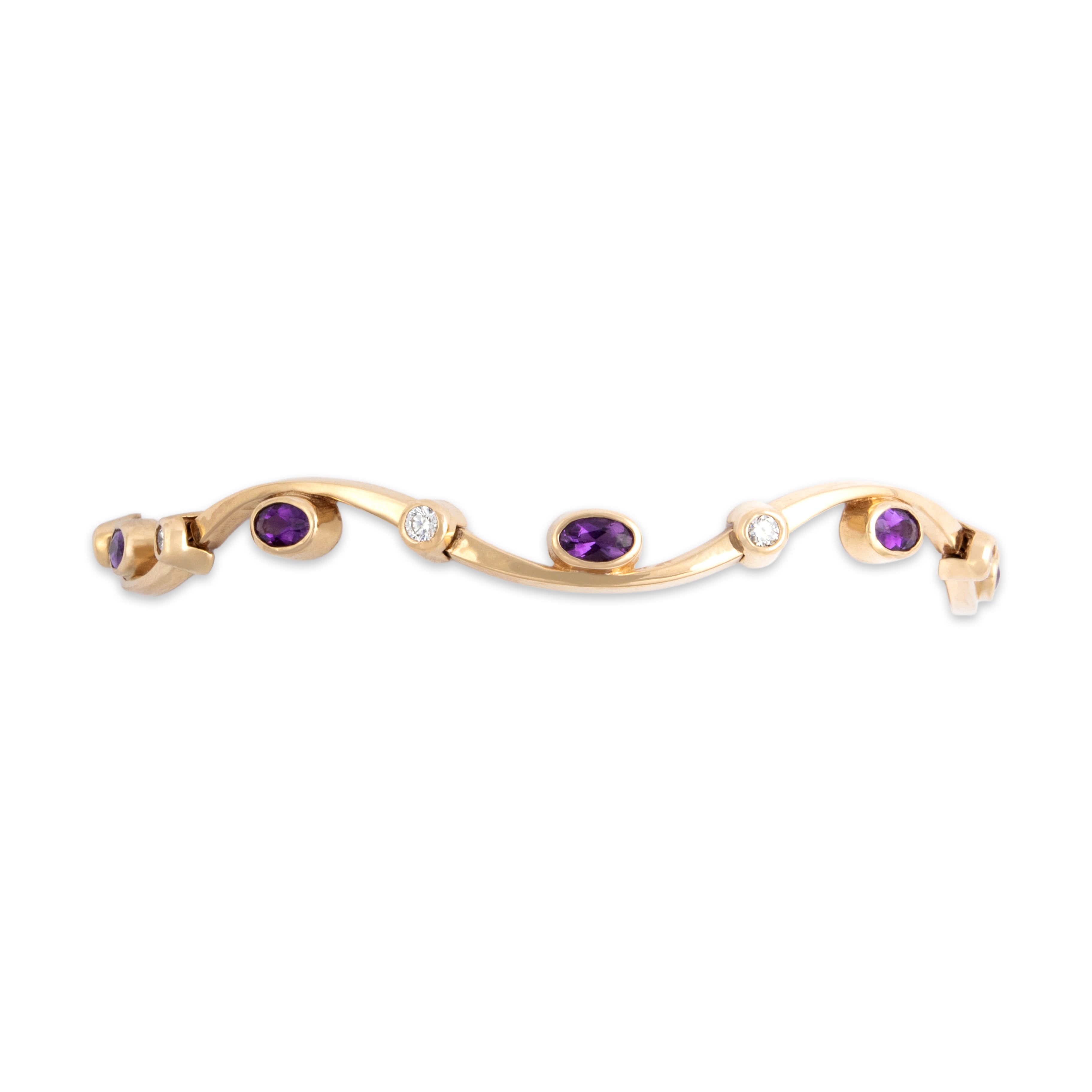 Vintage 14k Yellow Gold 1.45cttw Amethyst Diamond Fabulous Waving Bezel Station Bracelet - Close-up view