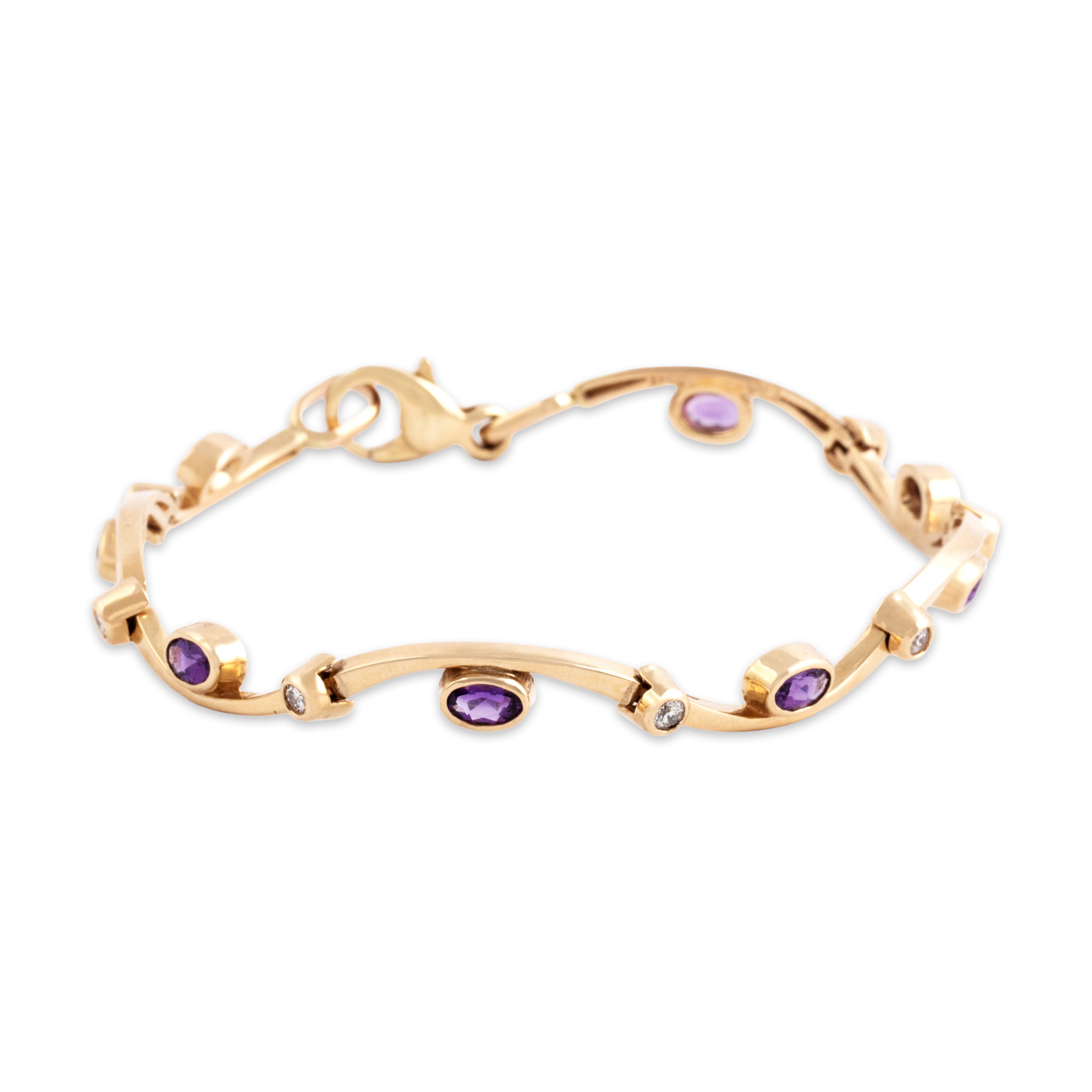 Vintage 14k Yellow Gold 1.45cttw Amethyst Diamond Fabulous Waving Bezel Station Bracelet - Overall view