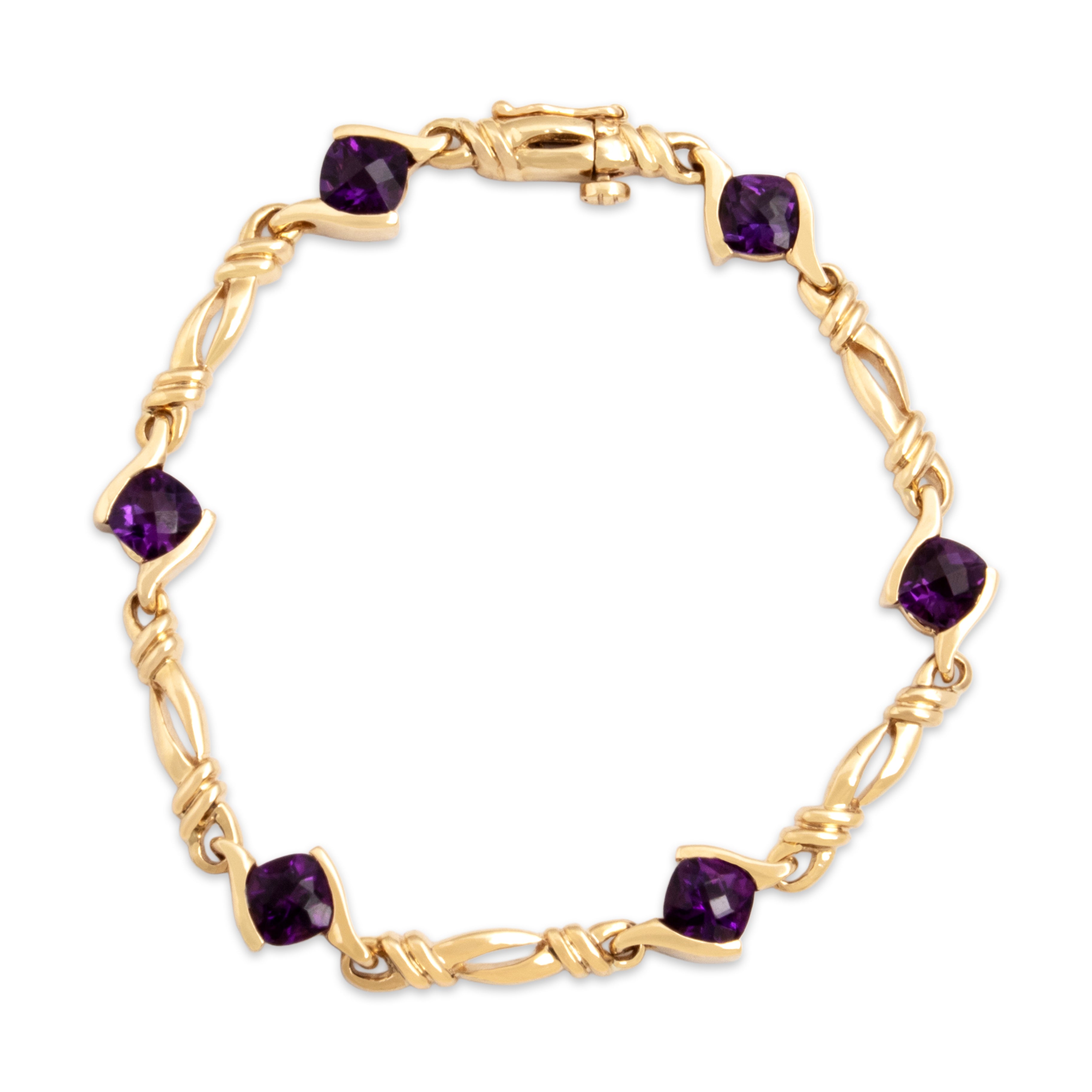 Vintage 14k Yellow Gold 5.71cttw Amethyst Bypass Cushion Station Bracelet - Close-up view