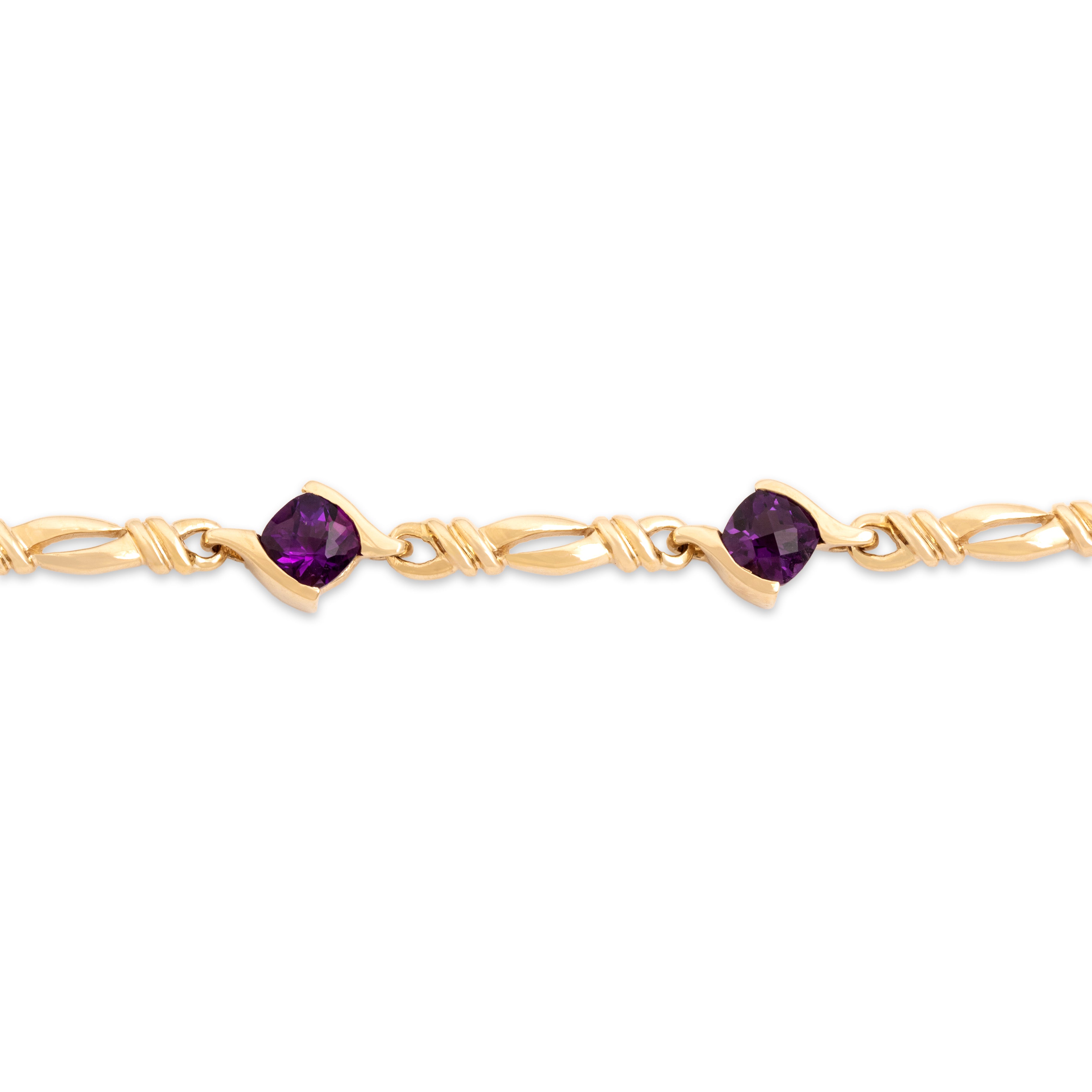 Vintage 14k Yellow Gold 5.71cttw Amethyst Bypass Cushion Station Bracelet - detail view #1