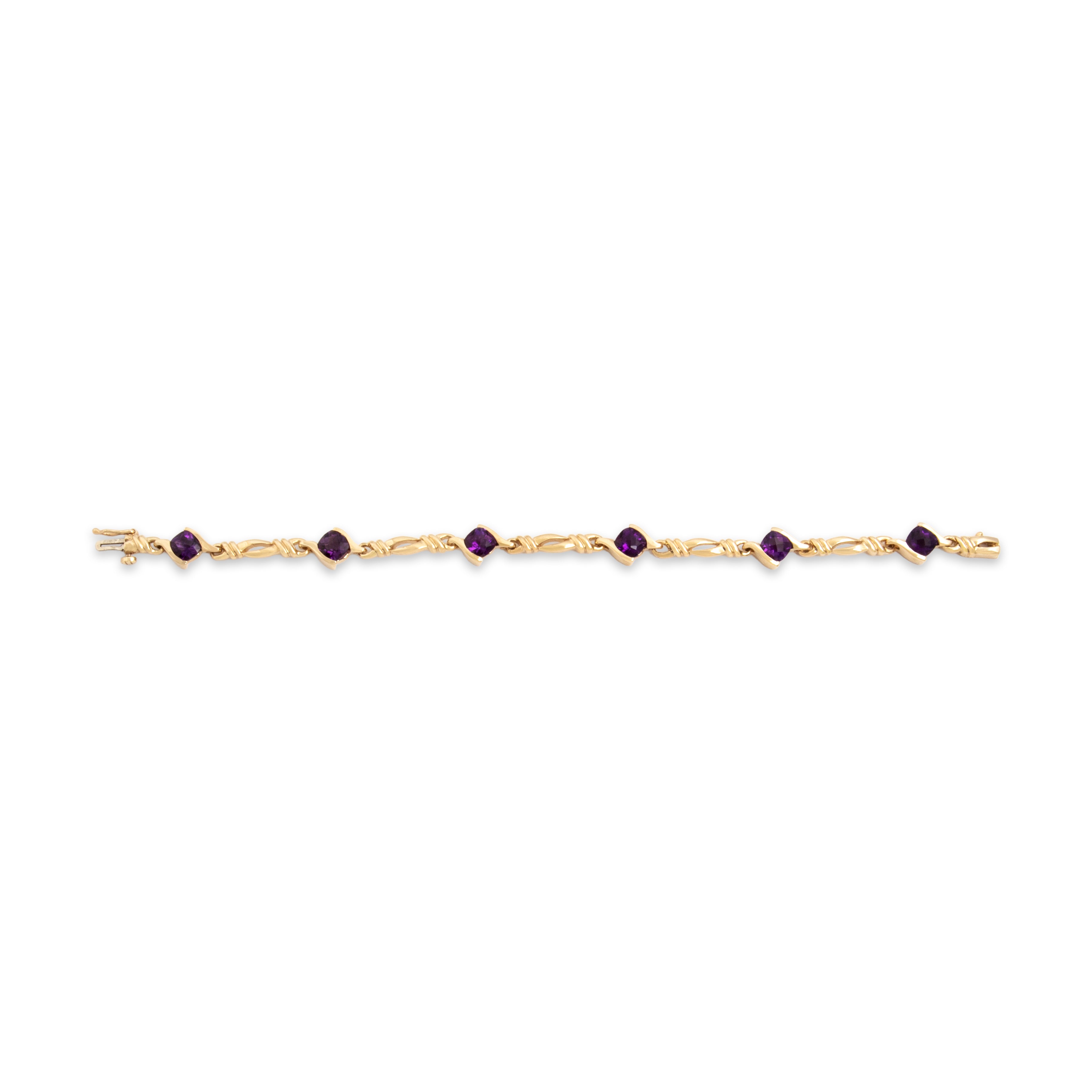 Vintage 14k Yellow Gold 5.71cttw Amethyst Bypass Cushion Station Bracelet - Overall view