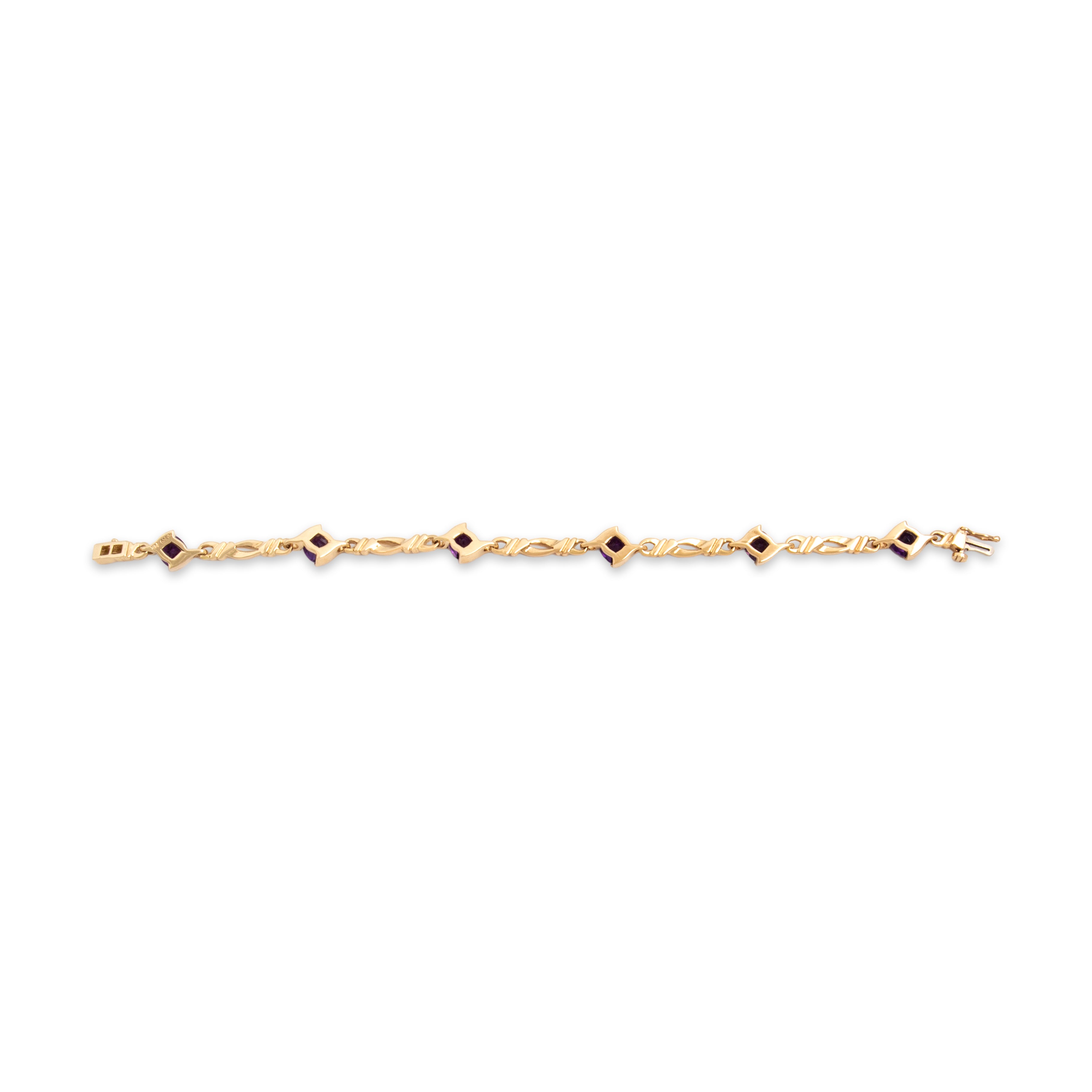 Vintage 14k Yellow Gold 5.71cttw Amethyst Bypass Cushion Station Bracelet - Back view