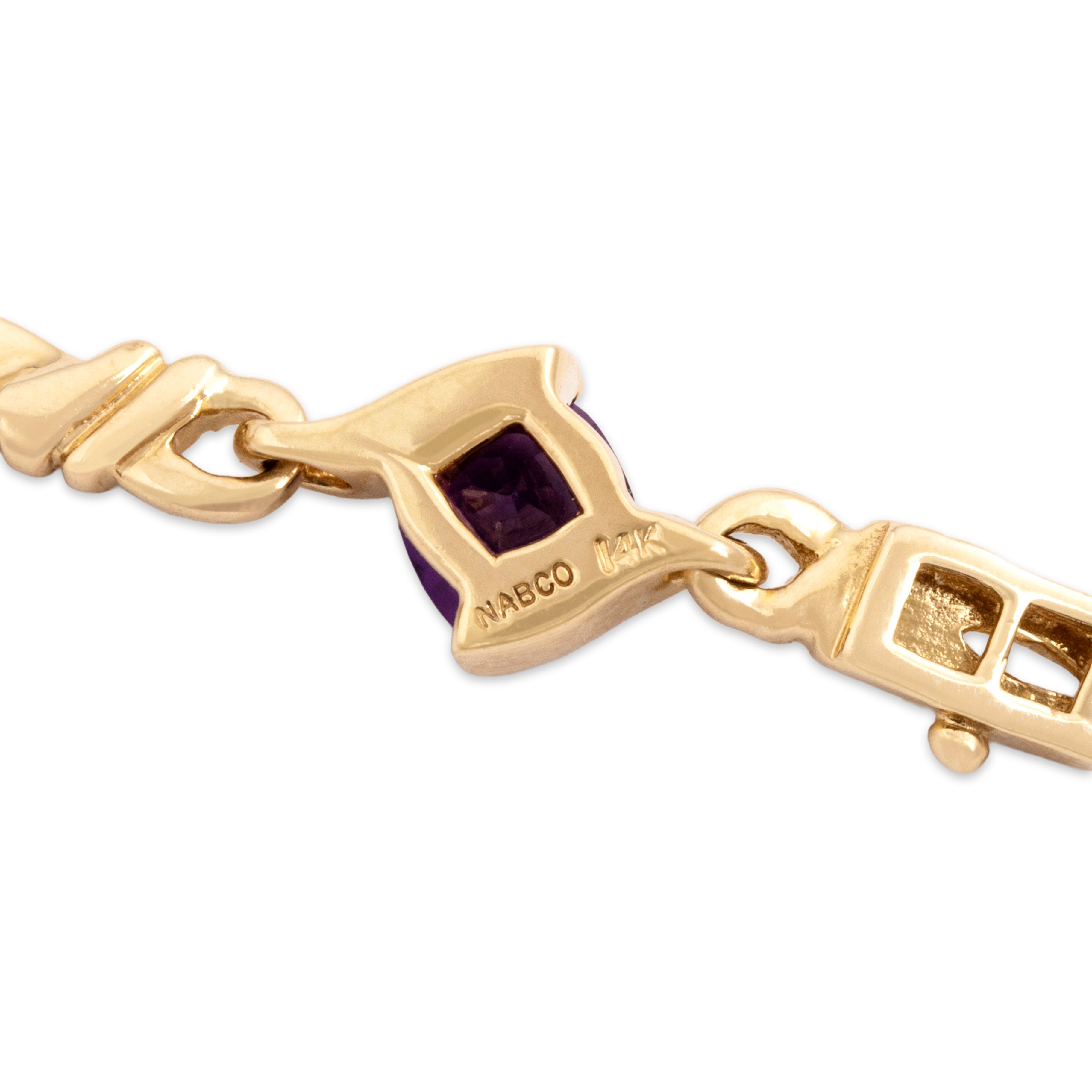 Vintage 14k Yellow Gold 5.71cttw Amethyst Bypass Cushion Station Bracelet - Hallmark view