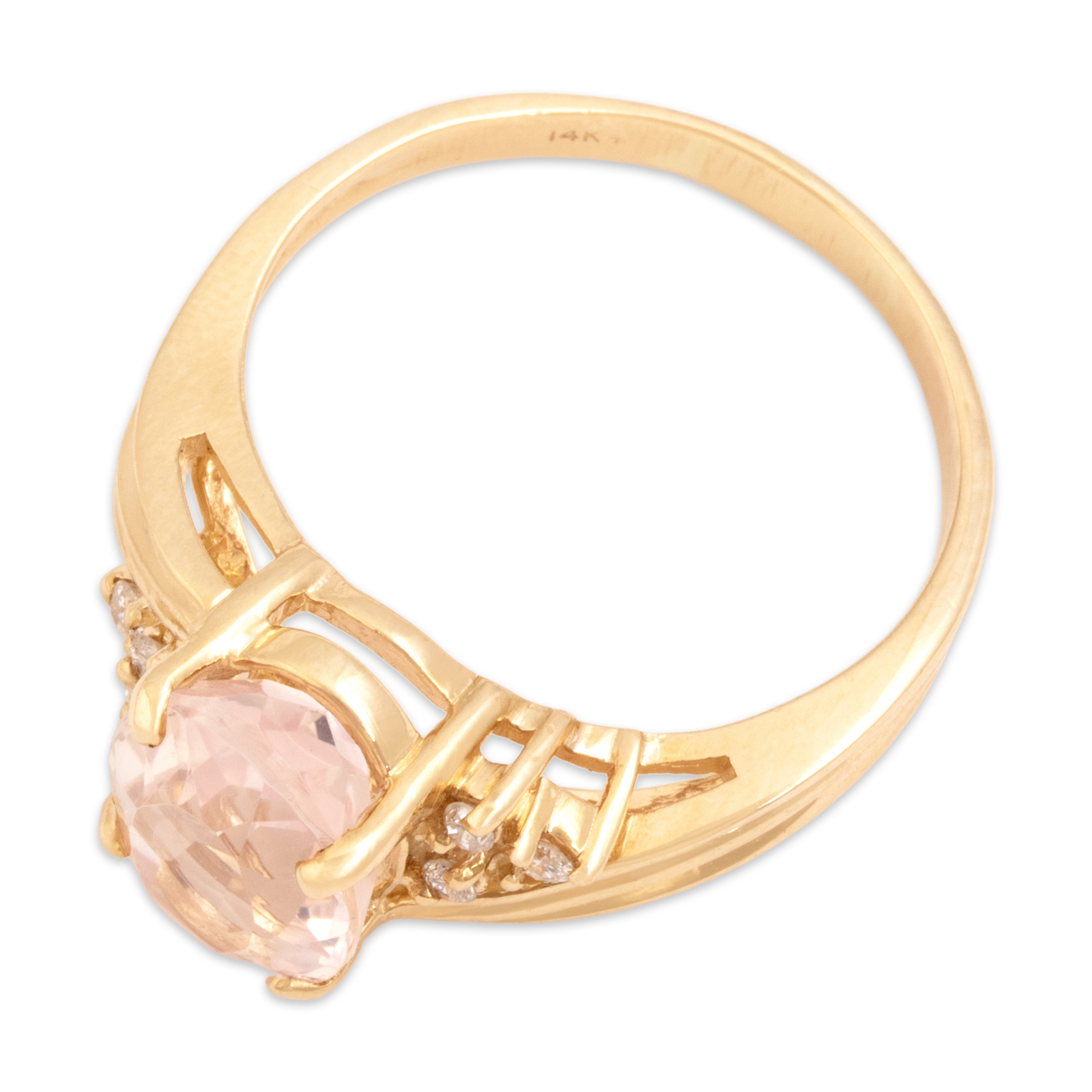 Vintage 14k Yellow Gold 2.54ct Rose Quartz Diamond Dazzling Ribbed Shoulder Ring - Overall view