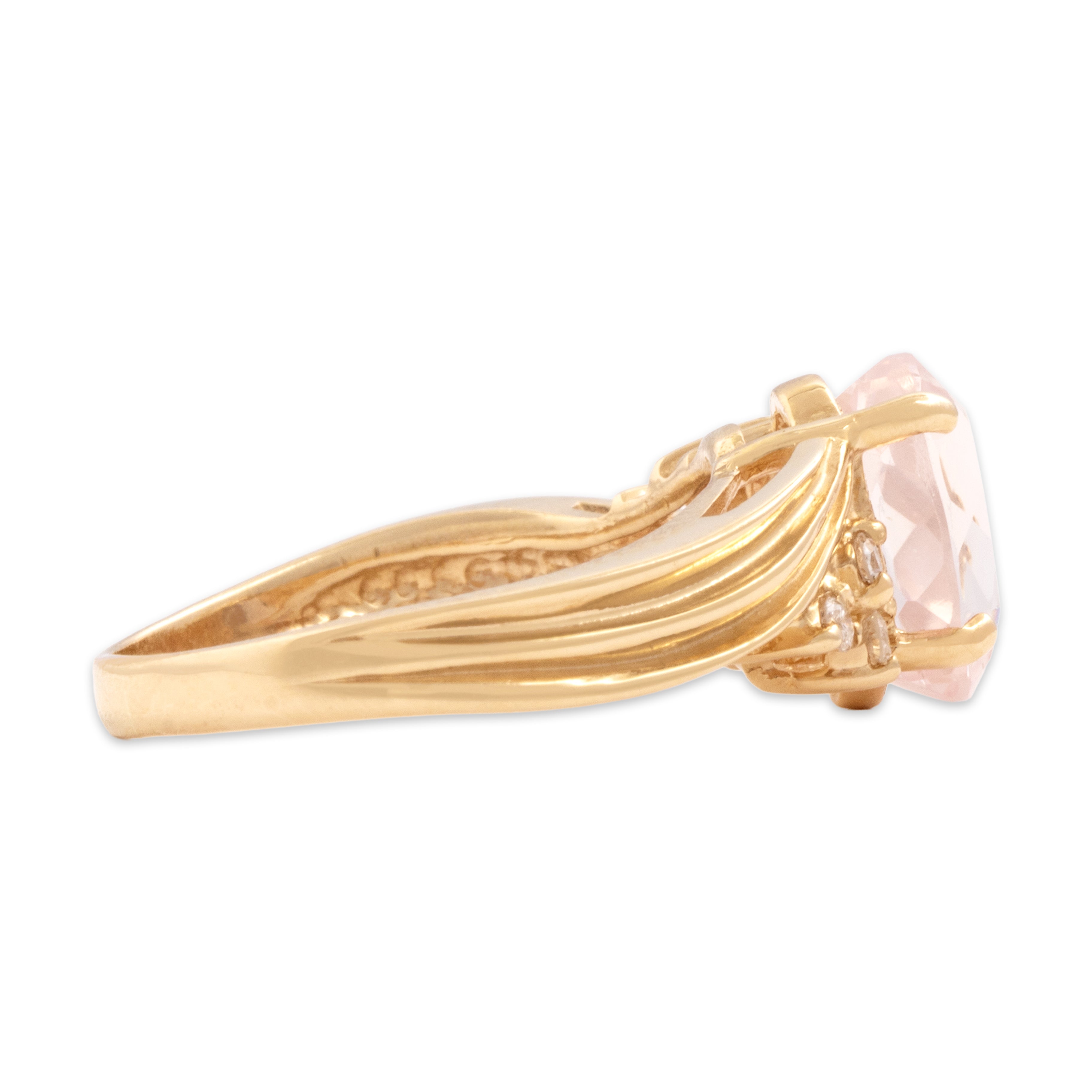 Vintage 14k Yellow Gold 2.54ct Rose Quartz Diamond Dazzling Ribbed Shoulder Ring - Side view