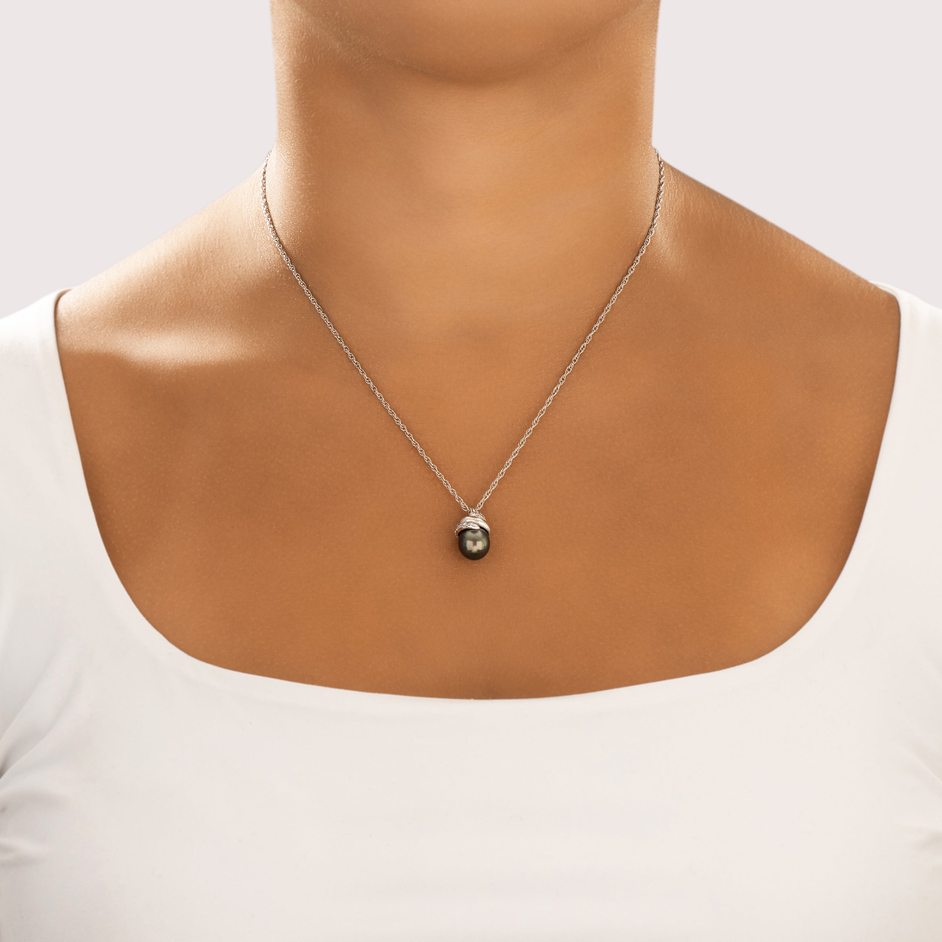 Vintage 14k White Gold Tahitian Pearl Diamond Gleaming Spiral Set Drop Pendant - On model view