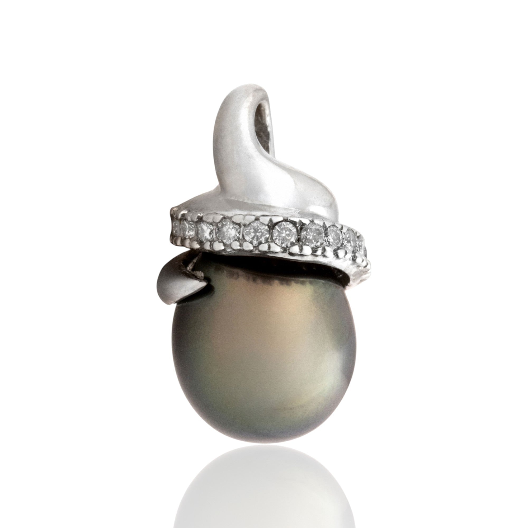 Vintage 14k White Gold Tahitian Pearl Diamond Gleaming Spiral Set Drop Pendant