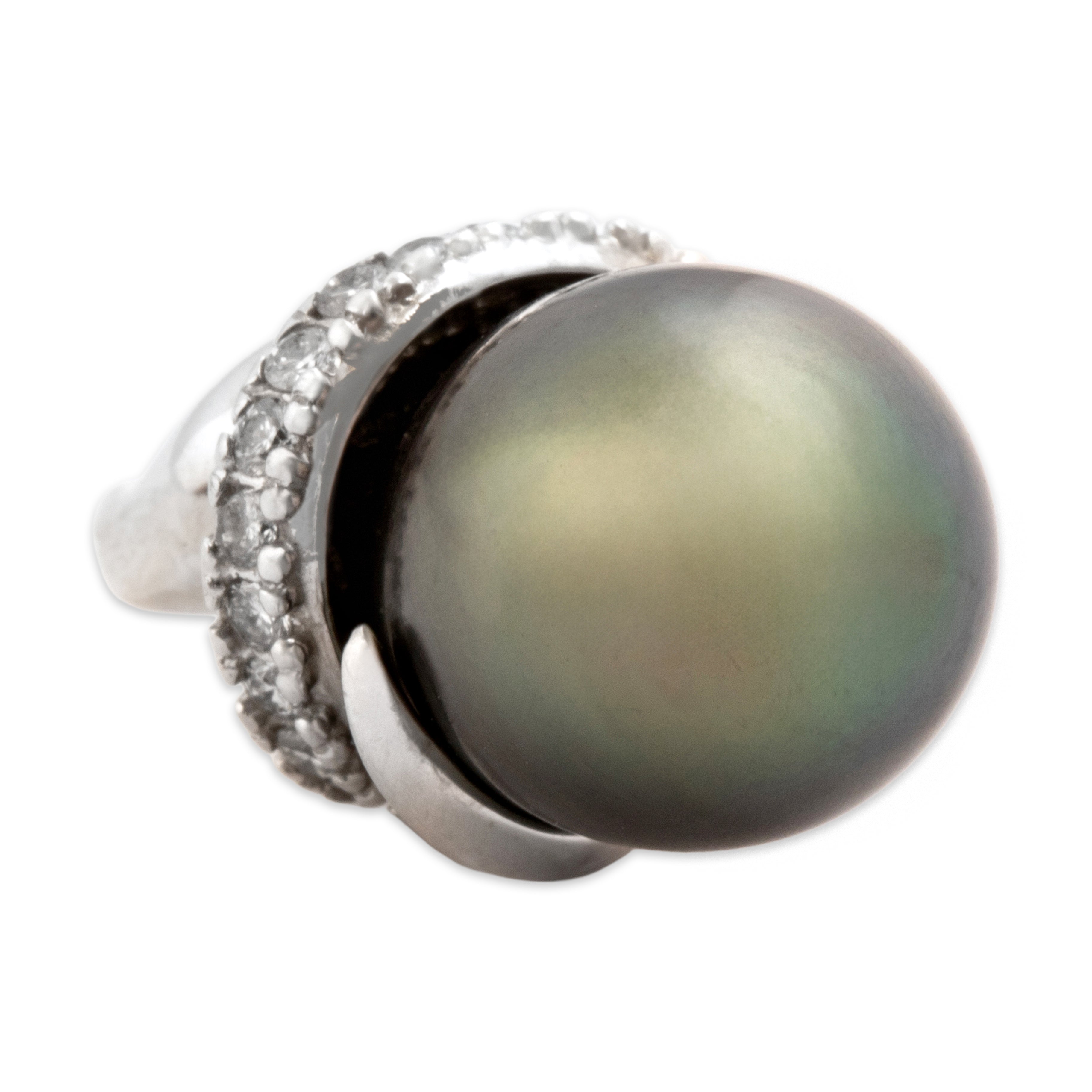 Vintage 14k White Gold Tahitian Pearl Diamond Gleaming Spiral Set Drop Pendant - detail view #2