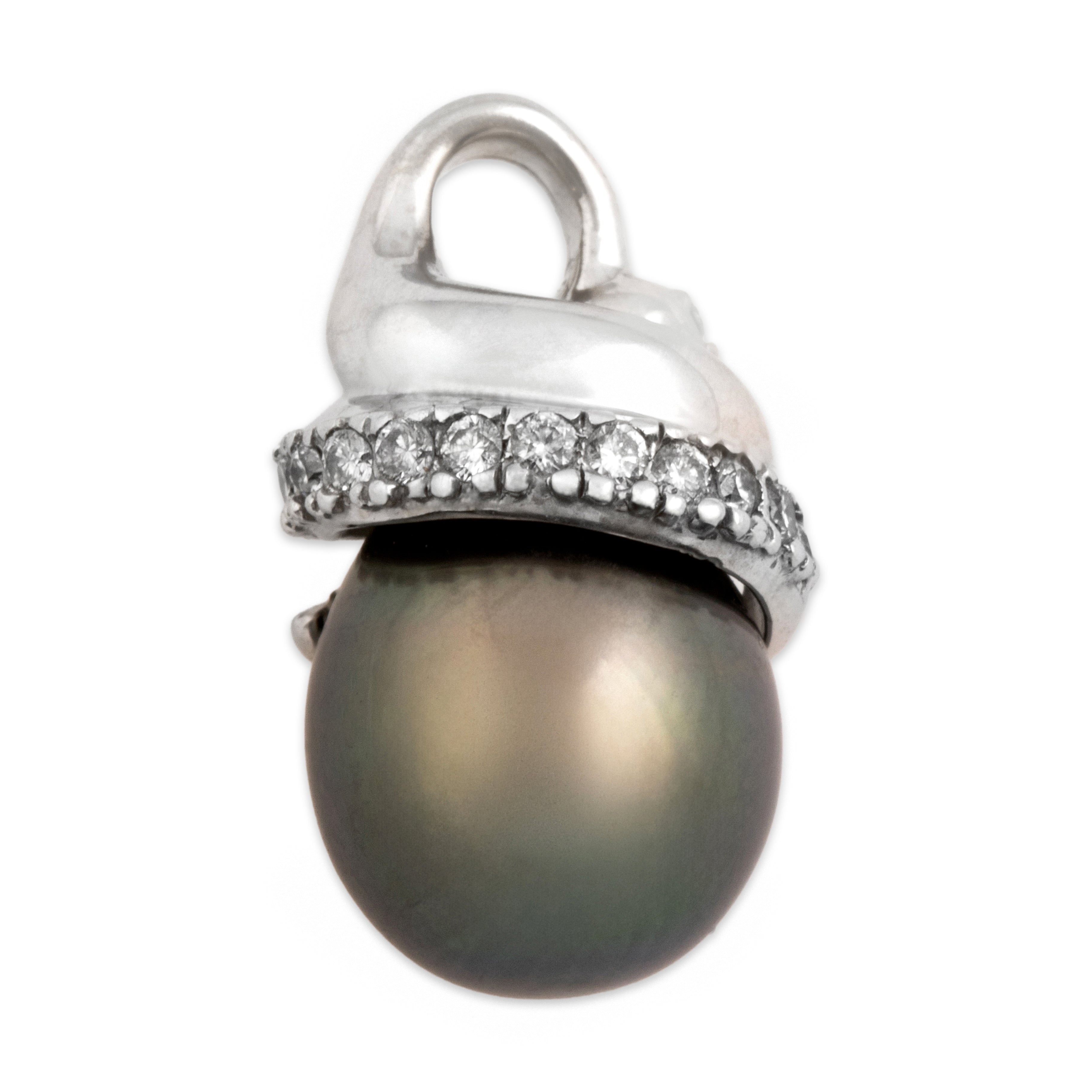 Vintage 14k White Gold Tahitian Pearl Diamond Gleaming Spiral Set Drop Pendant - Overall view