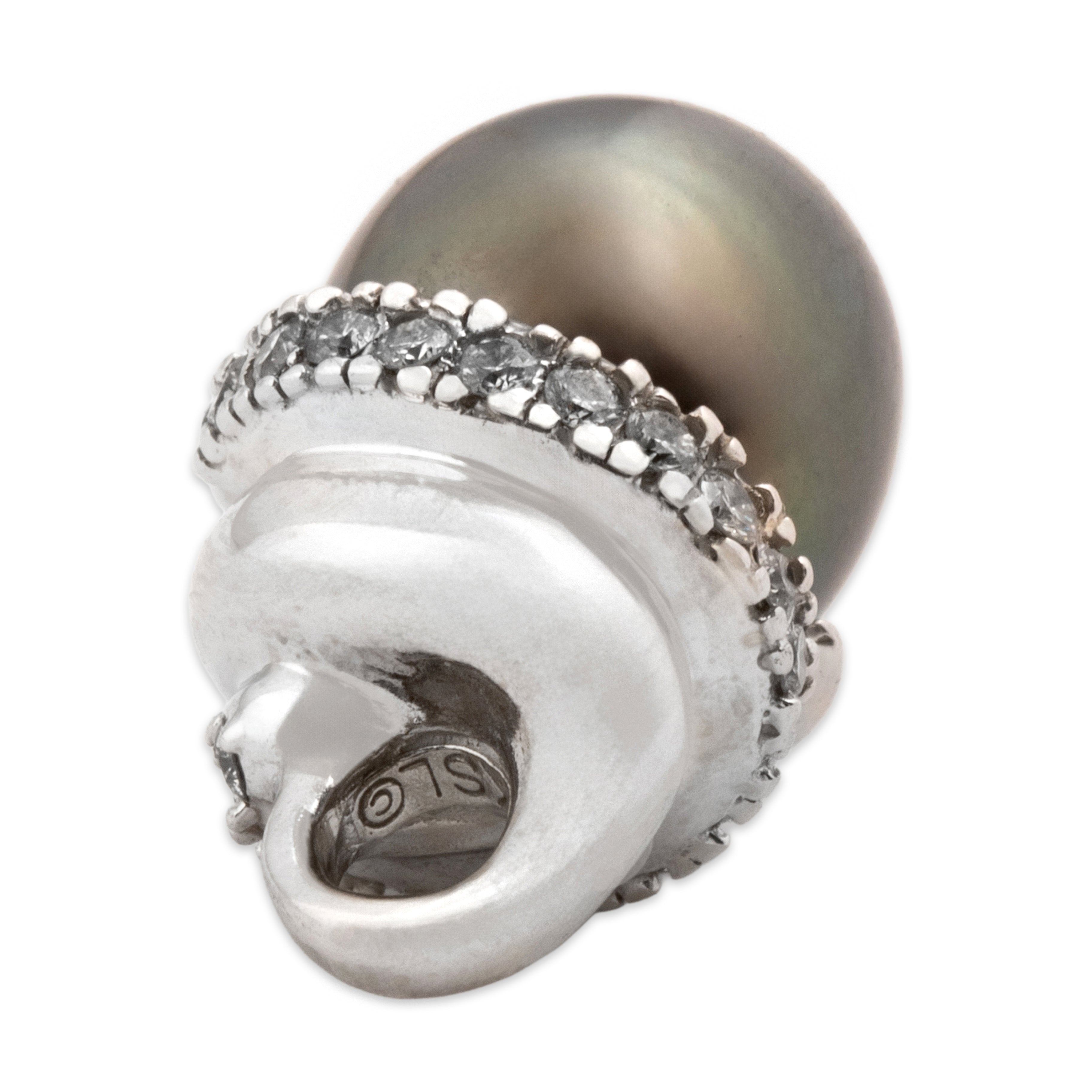 Vintage 14k White Gold Tahitian Pearl Diamond Gleaming Spiral Set Drop Pendant - detail view #1