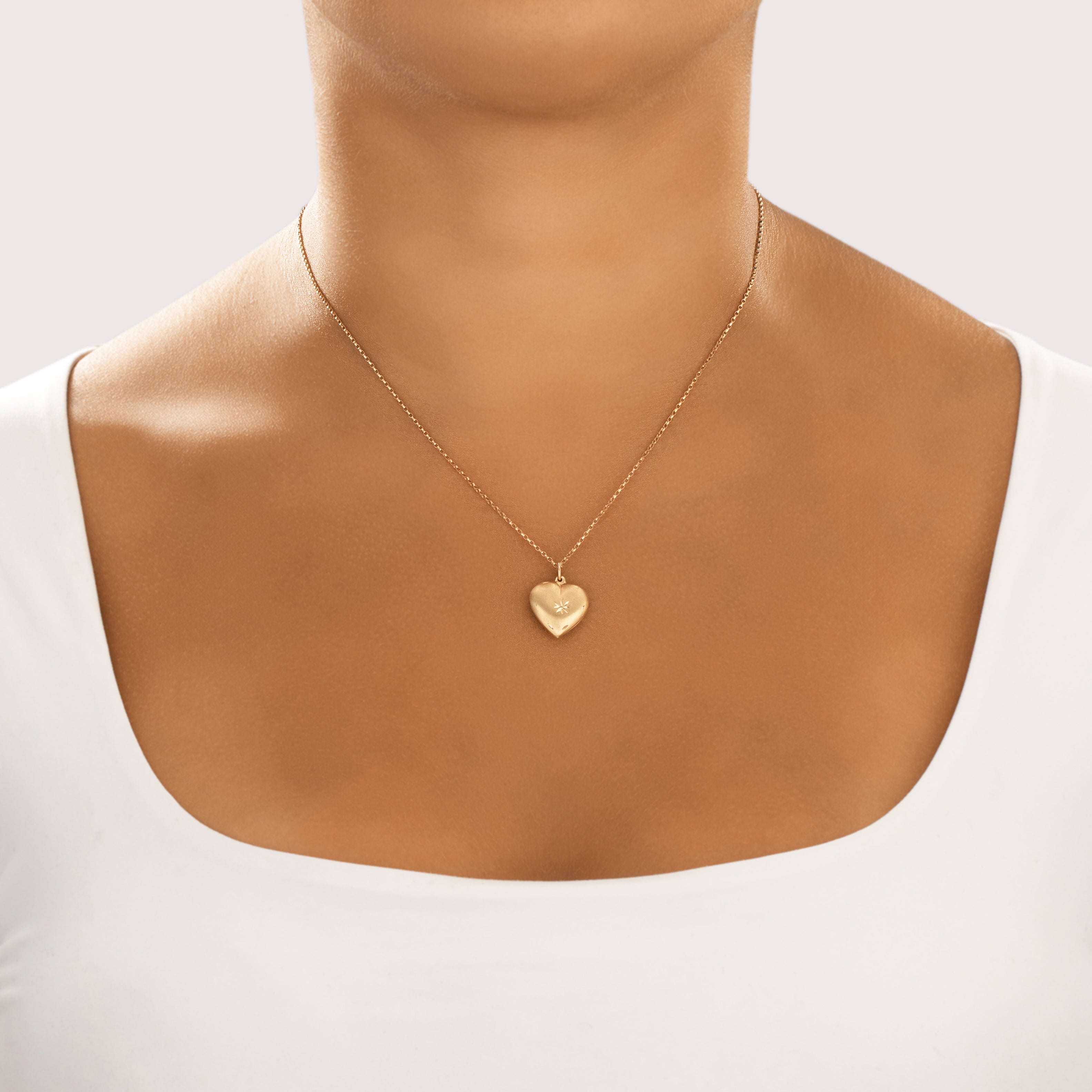 Vintage 14k Yellow Gold Brushed Etched Heart Charm / Pendant - On model view
