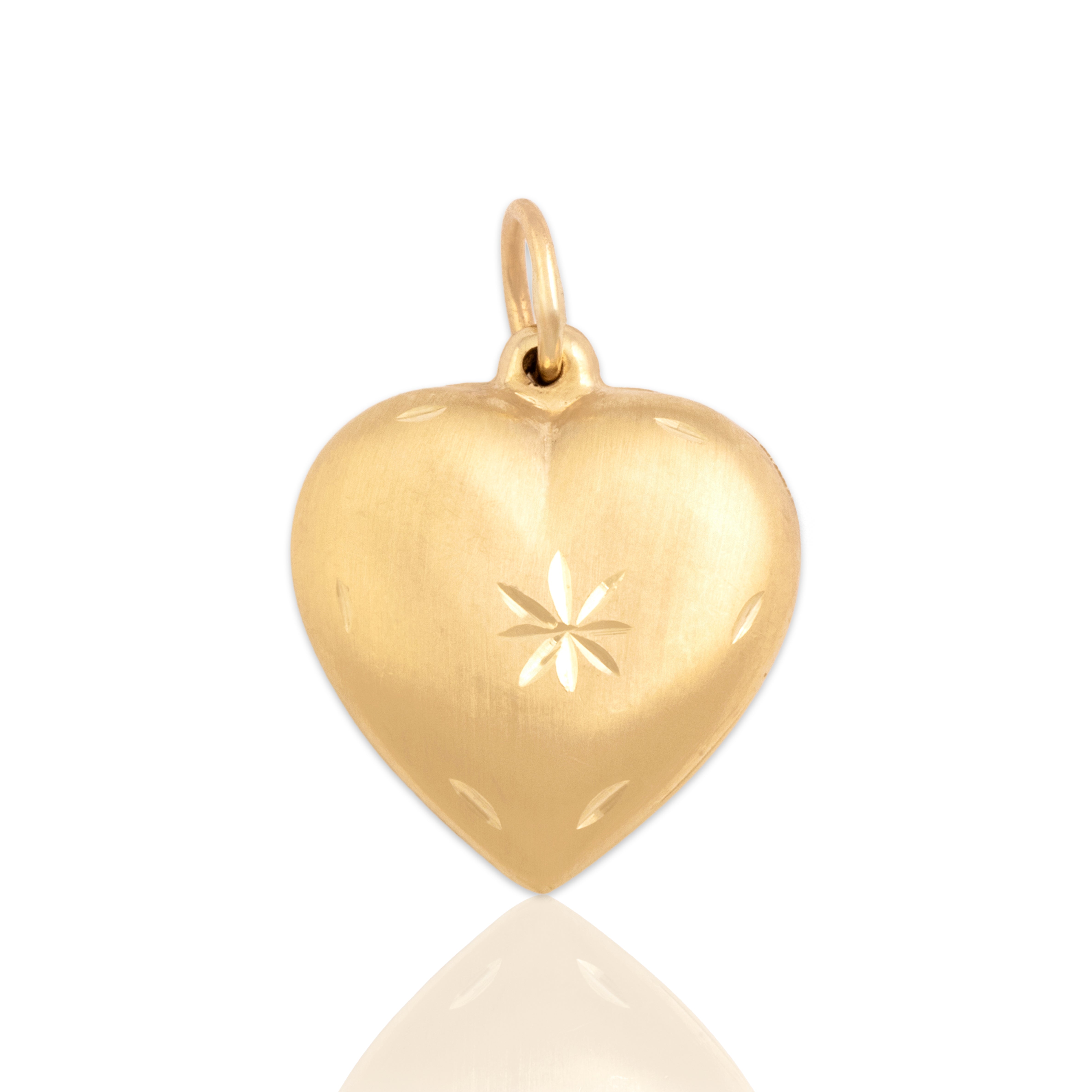 Vintage 14k Yellow Gold Brushed Etched Heart Charm / Pendant - Close-up view
