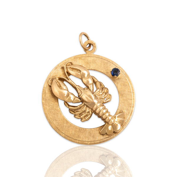 Vintage 14k Yellow Gold Blue Sapphire Etched Lobster Medallion Pendant