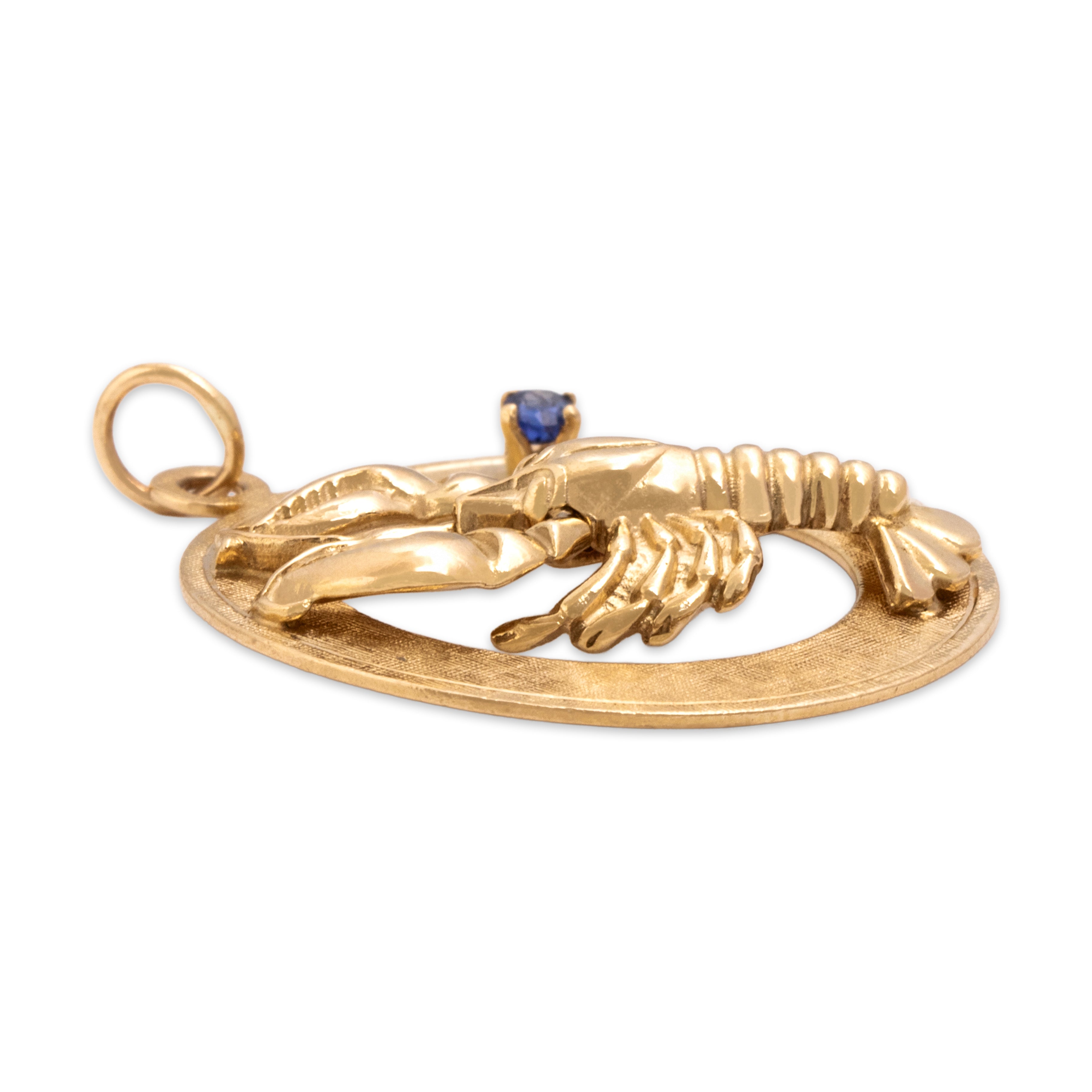 Vintage 14k Yellow Gold Blue Sapphire Etched Lobster Medallion Pendant - Side view
