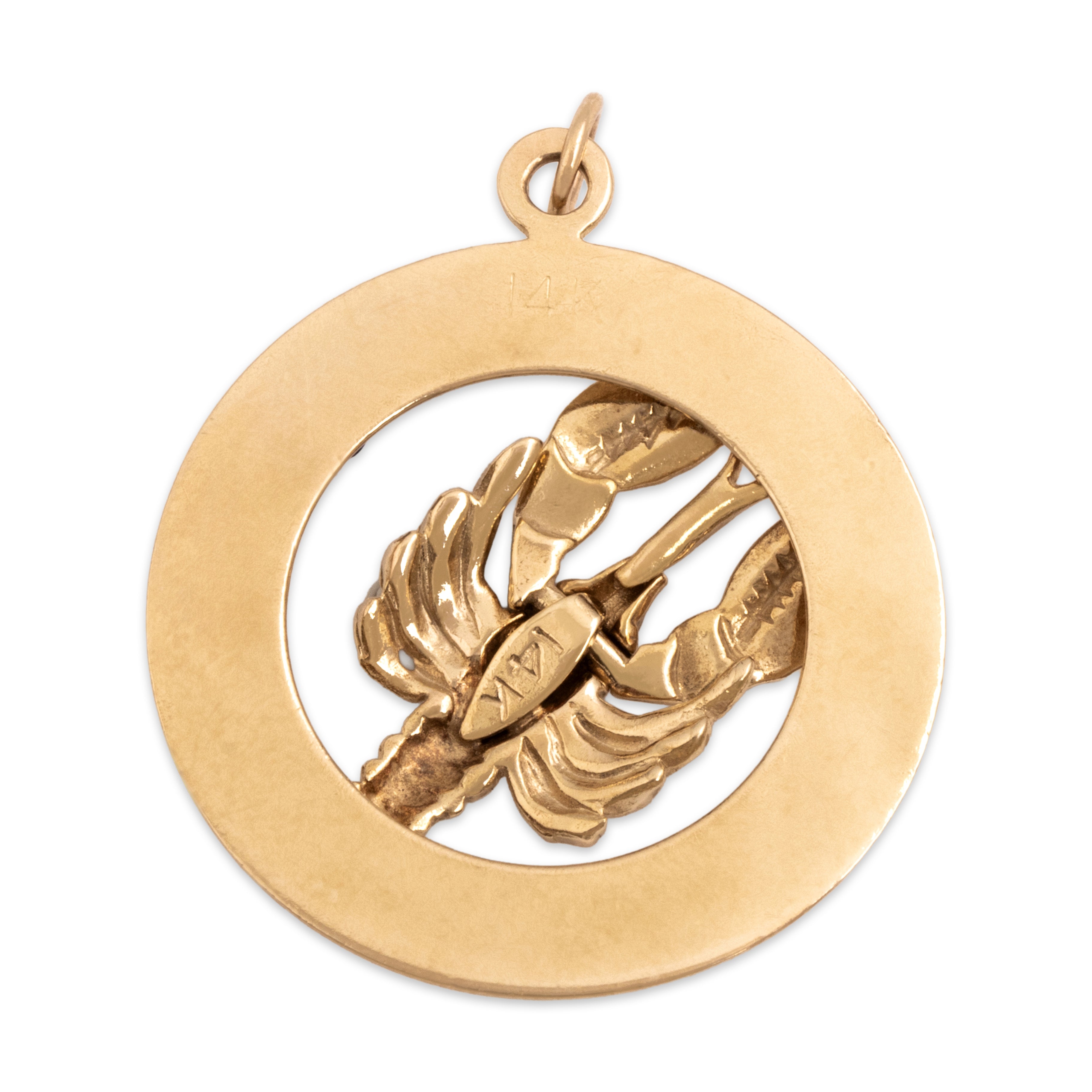 Vintage 14k Yellow Gold Blue Sapphire Etched Lobster Medallion Pendant - Back view
