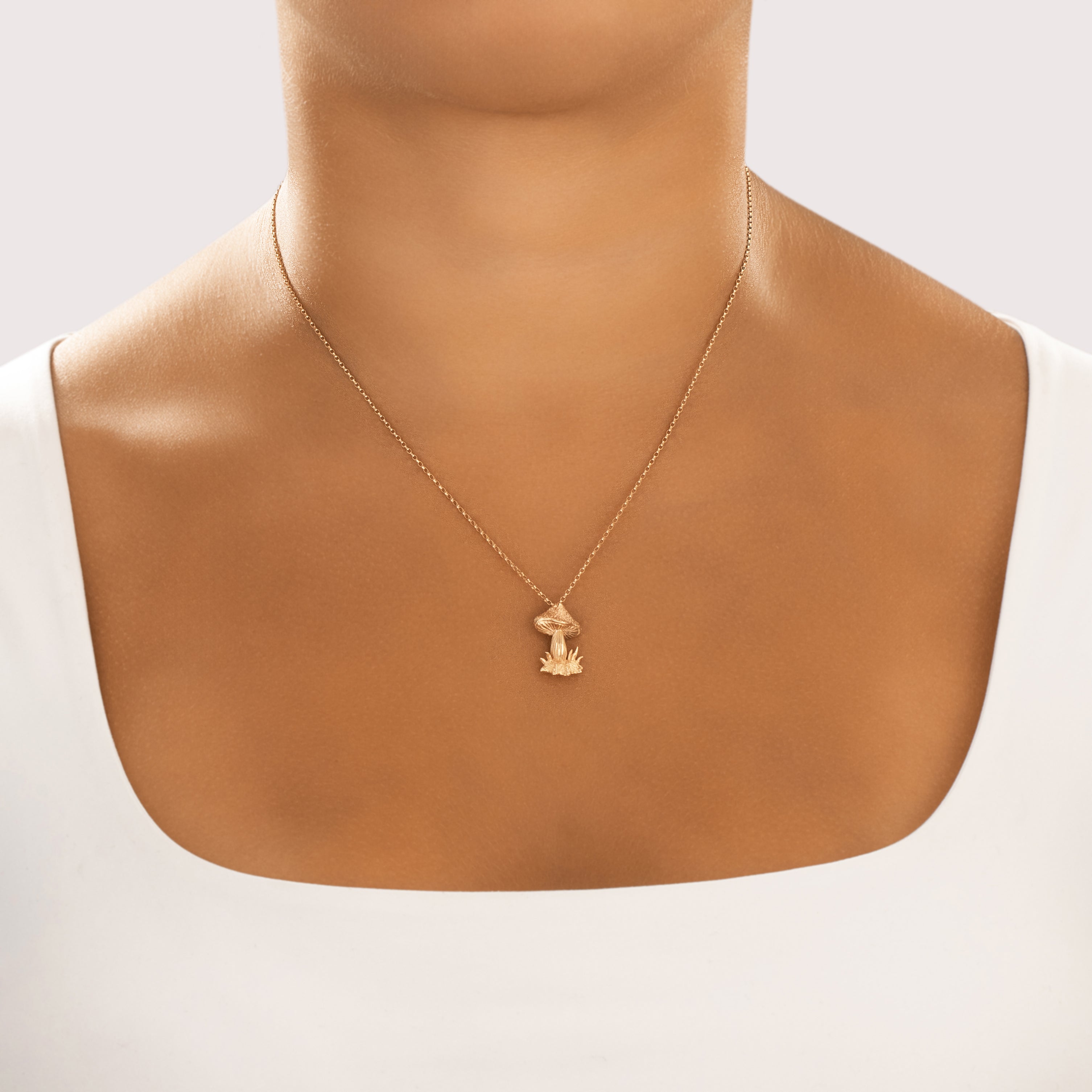 Vintage 14k Yellow Gold Textured Whimsical Toadstool Mushroom Pendant - On model view
