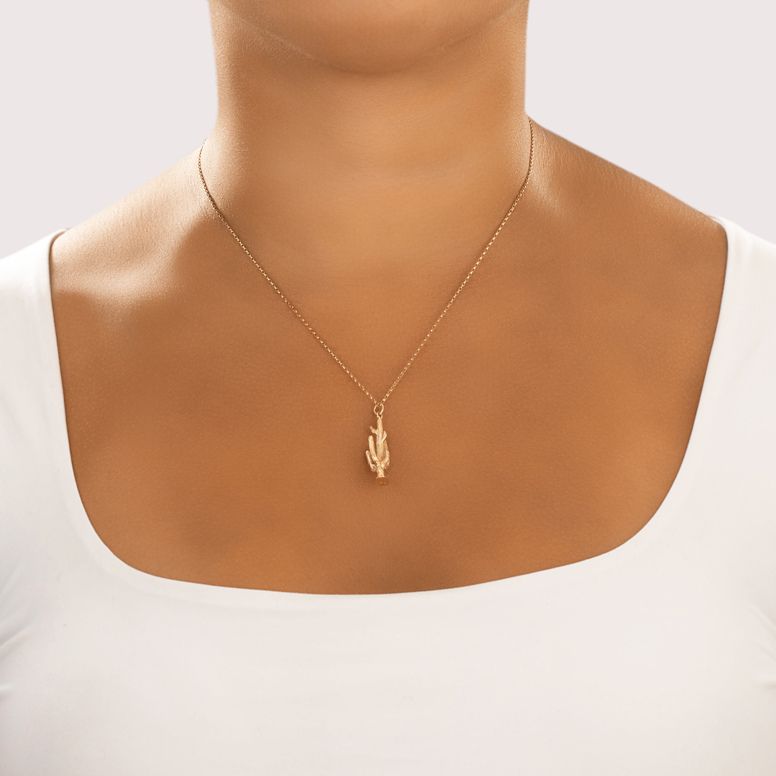 Vintage 14k Yellow Gold Tall Saguaro Cactus Charm / Pendant - On model view