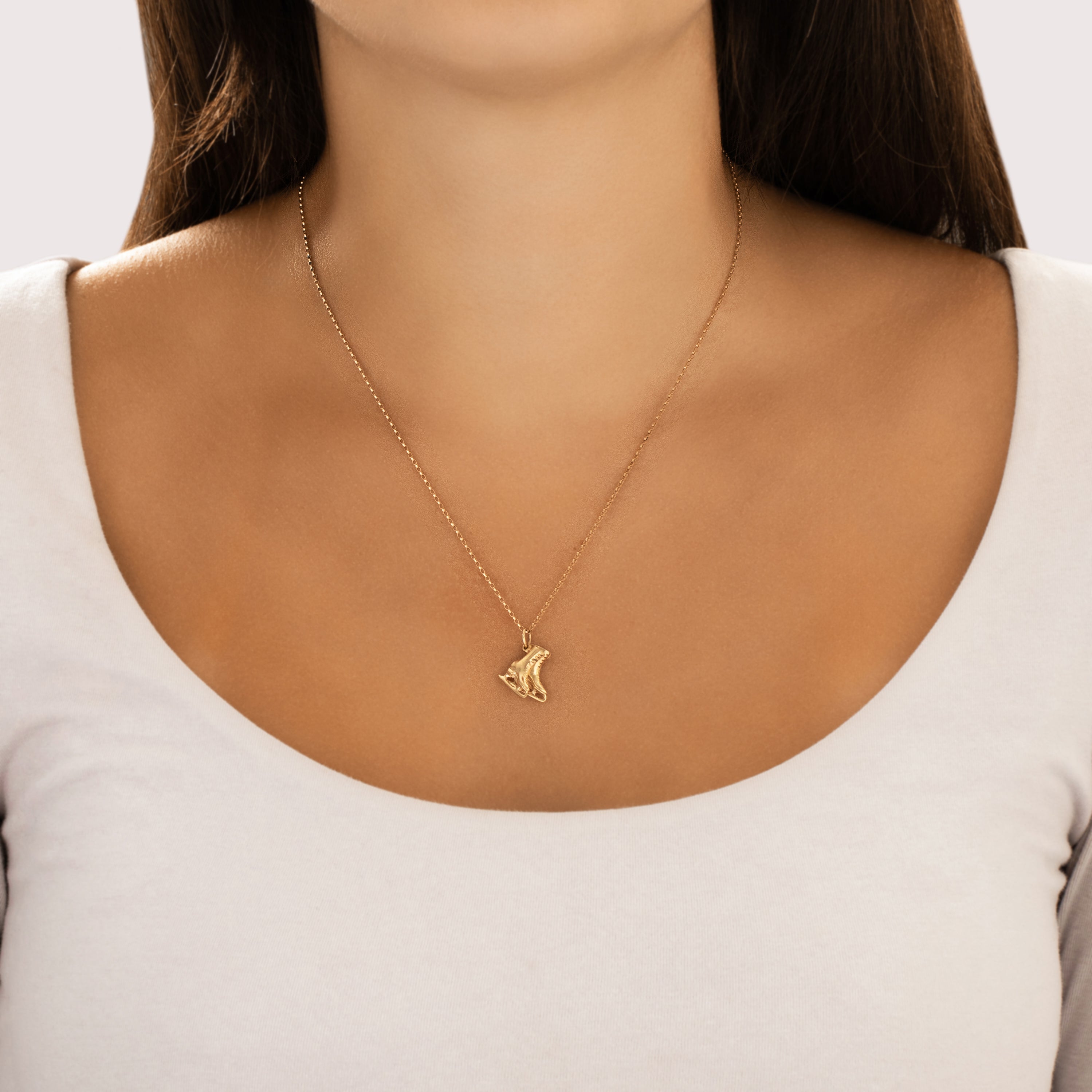 Vintage 14k Yellow Gold Adorable Pair Of Ice Skates Charm / Pendant - On model view