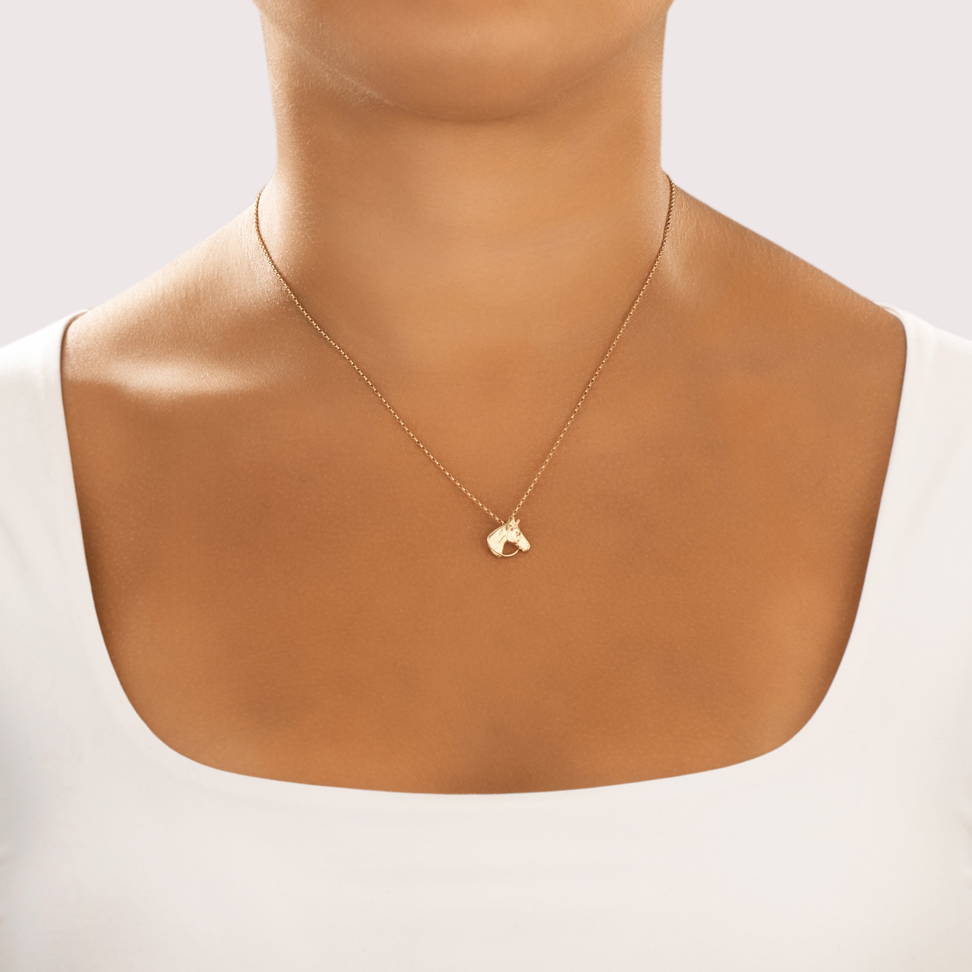 Vintage Small 14k Yellow Gold Bridled Horse Pendant - On model view