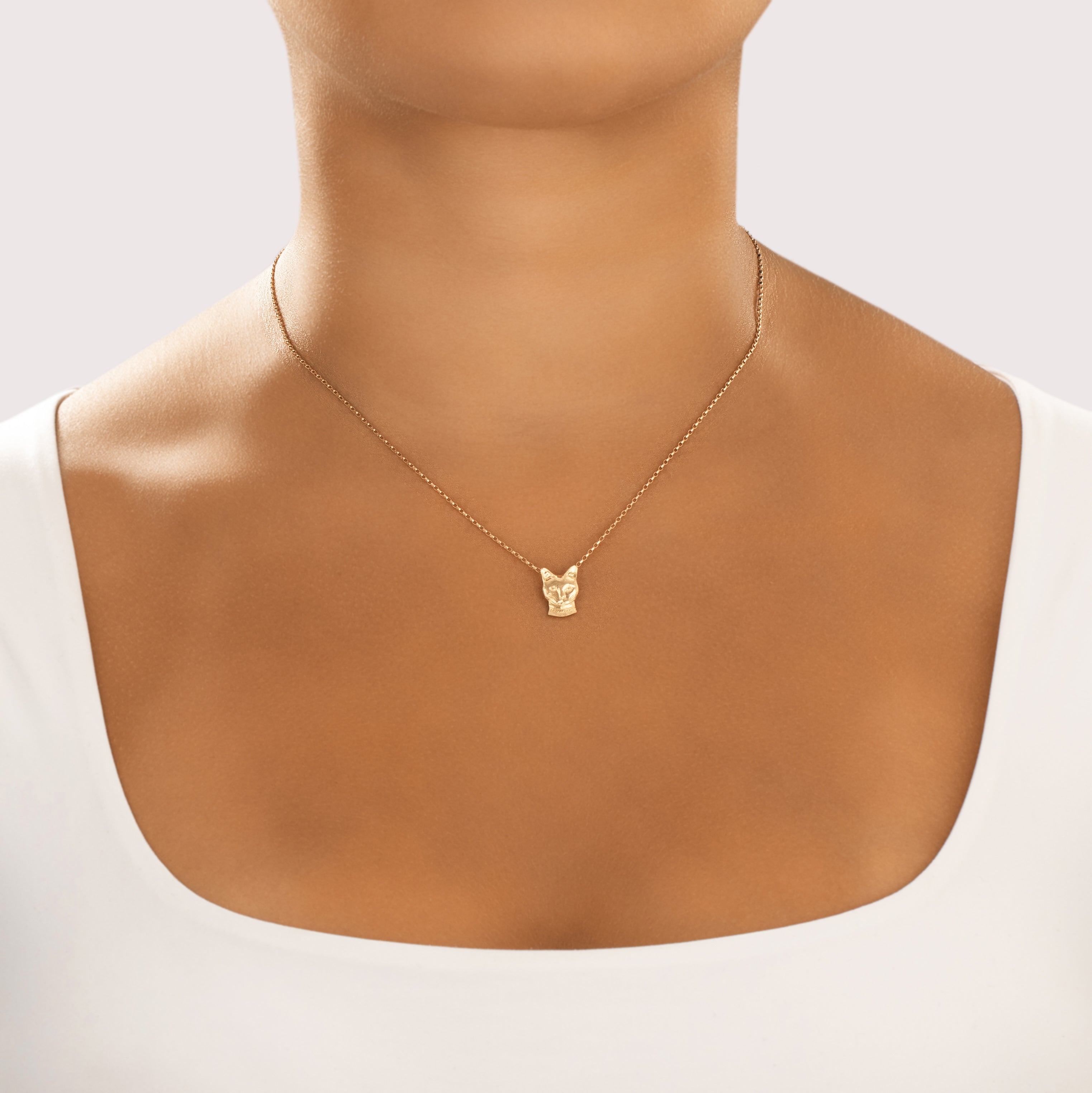Vintage 14k Yellow Gold Friendly House Cat Slide Pendant - On model view