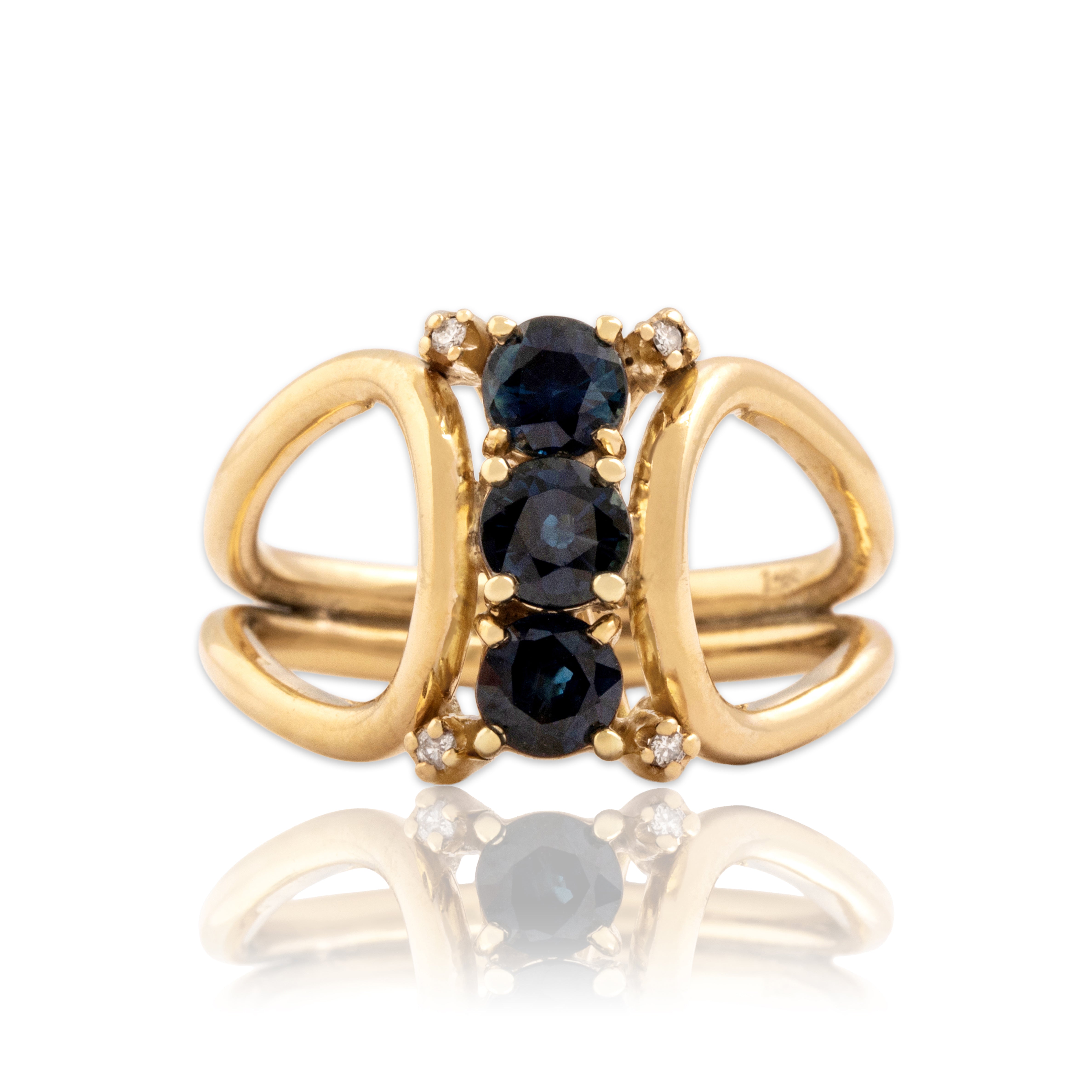 Vintage 14k Yellow Gold .94cttw Blue Sapphire Diamond Stacked Trio Ring 6.50