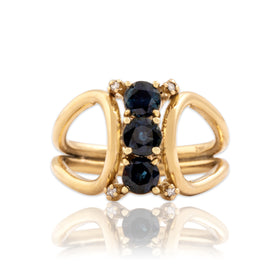 Vintage 14k Yellow Gold .94cttw Blue Sapphire Diamond Stacked Trio Ring 6.50