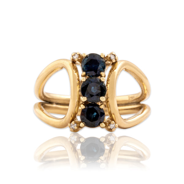 Vintage 14k Yellow Gold .94cttw Blue Sapphire Diamond Stacked Trio Ring 6.50