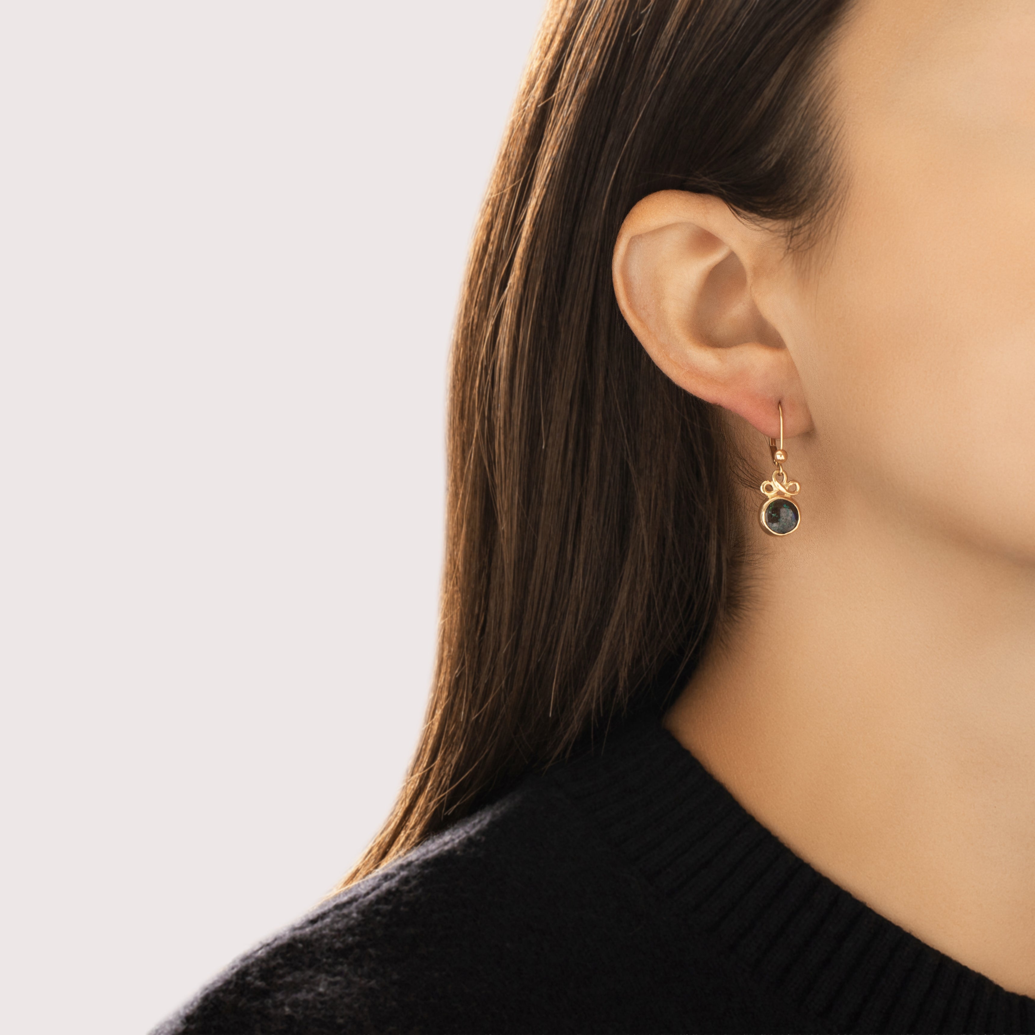 Vintage 14k Yellow Gold 1.32cttw Boulder Opal Lovely Looping Bezel-Set Dangle Earrings - On model view